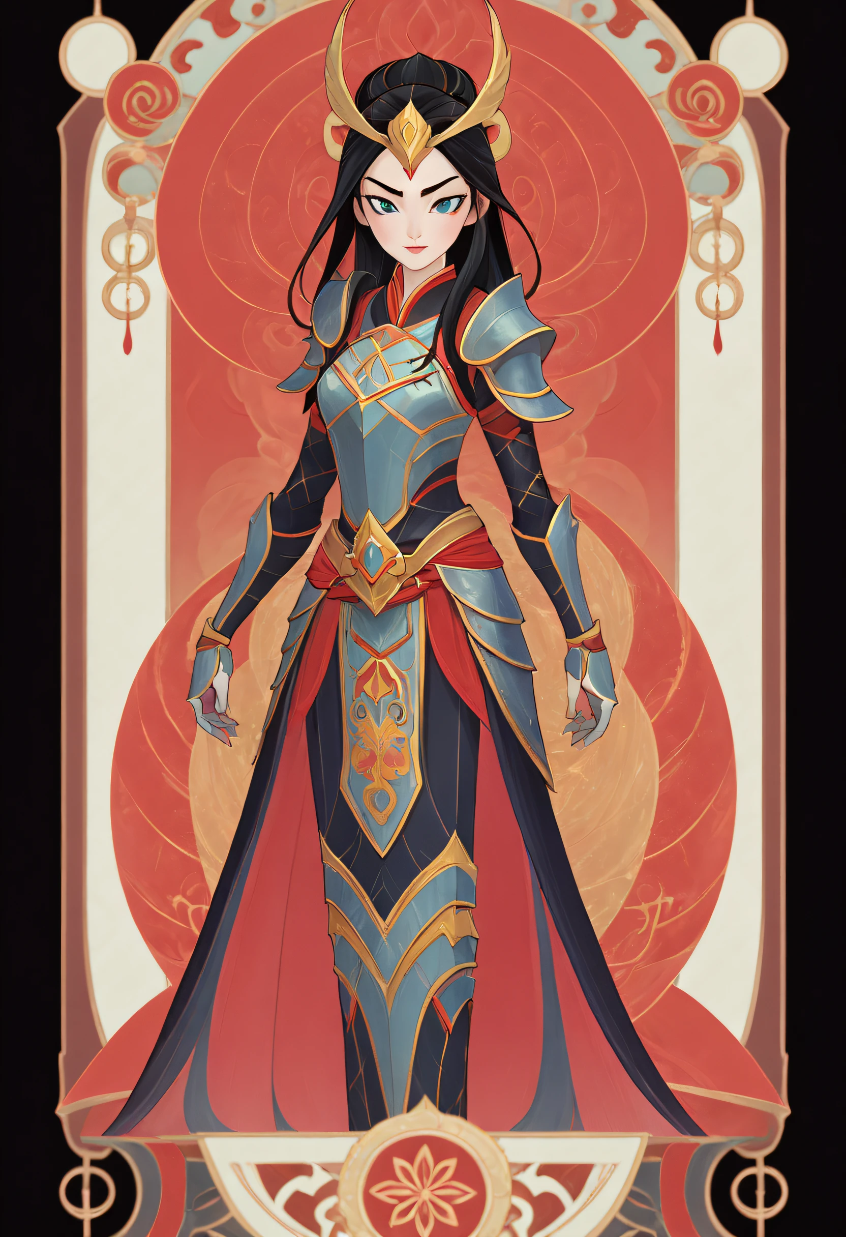 1 Mulan, Armor, Full body standing painting, (((独奏))), Clear facial features, Simple line design, ((tarot card background, symmetric beauty)), perfectly symmetrical, The art of symmetry, Standing drawings of characters, ((flatcolors)), tmasterpiece，top Quority，best qualtiy，超高分辨率, ((Clear facial features，beautidful eyes，beauitful face, Exquisite facial features))