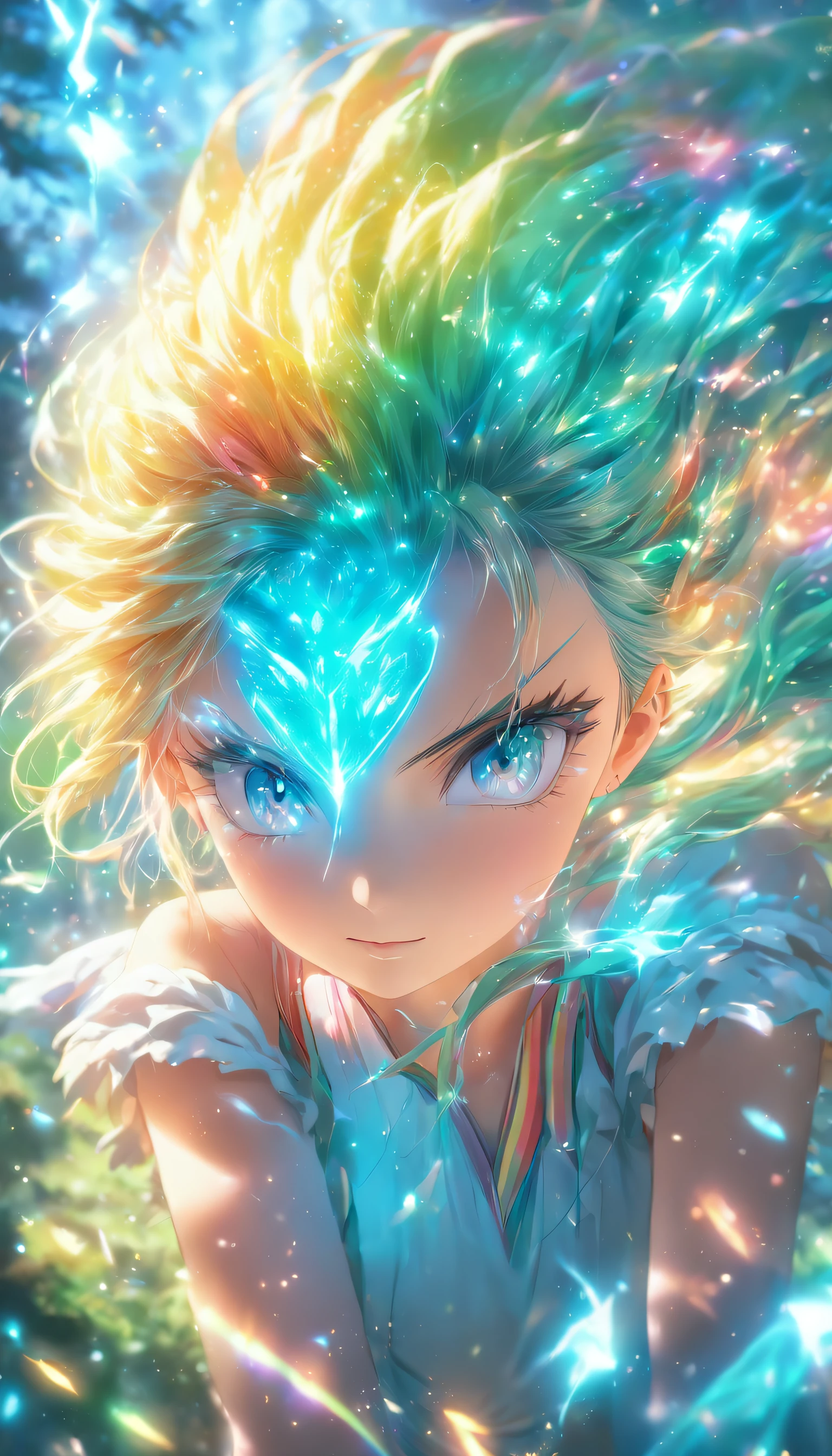 (Best quality,4K,8K,A high resolution,Masterpiece:1.2),Ultra-detailed,(Realistic,Photorealistic,photo-realistic:1.37),femele,Turquoise eyes glow,rainbow colour hair,Cast luminous spells,mystical forest,illustration,enchanting atmosphere,Vibrant colors,Soft lighting