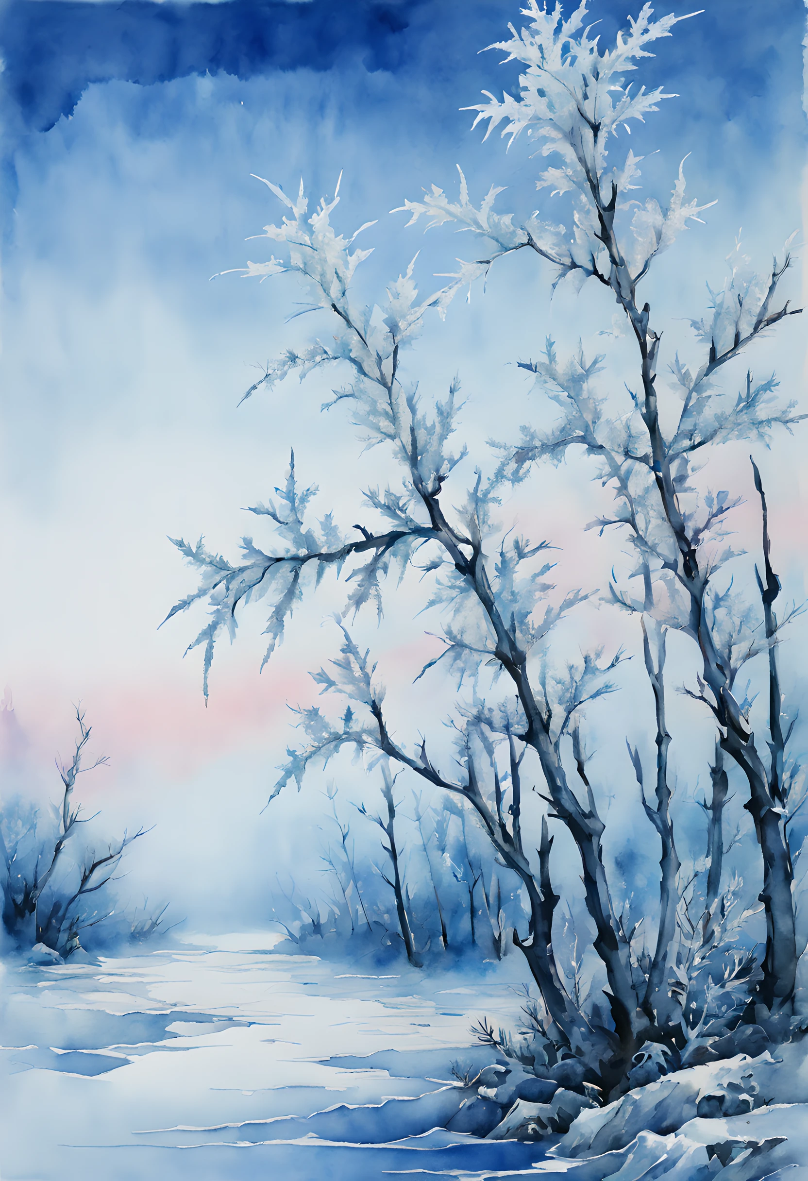 (white rime ice and blue sky morning theme:1.5), (ink and watercolor painting:1.5), (Landscape painting:1.5), (Tasteful:1.5), (ink and watercolor painting:1.5), (Chinese style:1.5), (rime ice:1.5), (rime ice:1.5), (ice crystals:1.5), (rime ice covered the trees:1.5), (frozen trees:1.5), (frozen forest:1.5),