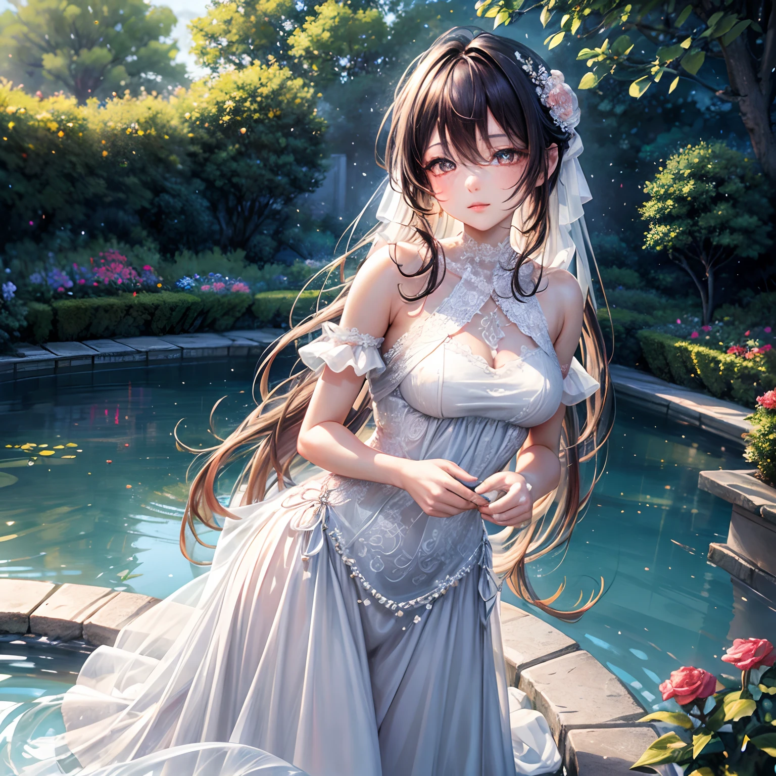 beautiful detailed eyes, porcelain-like skin complexion, and plump crimson lips. She is wearing a flowing white gown with intricate lace patterns, adorned with delicate pearls and shimmering crystals. The dress gracefully hugs her slender figure, accentuating her graceful curves. In the background, there is a lush garden, filled with vibrant flowers in various shades of pink, white, and lavender. The garden is bathed in warm sunlight, casting a soft, ethereal glow on the scene. The air is filled with the sweet fragrance of blooming roses and the gentle sound of rustling leaves. The girl is standing near a serene pond, surrounded by elegant swans gliding on the calm water. The reflection of the girl and the swans creates a mesmerizing mirror-like effect on the water's surface. The atmosphere is serene and peaceful, evoking a sense of tranquility and beauty. The entire scene is depicted in a dreamy, romantic style, with soft brushstrokes and a pastel color palette, creating a whimsical and enchanting ambiance. The artwork is of the highest quality, with ultra-detailed features, realistic textures, and vivid colors that bring the image to life. The final result is a masterpiece that captures the beauty and grace of the girl in the garden, immersing the viewer in a world of beauty and tranquility. (best quality, high-res, ultra-detailed, romantic style, pastel color palette, dreamy lighting)