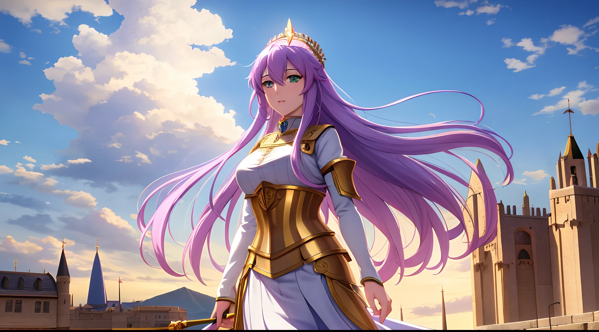 Athena with plain long light purple hair,hair between eyes,green eyes,rosy cheeks,full lips,thin eyebrows,slender body,wearing medieval golden knight armor and full long skirt,cute anime girl,full body,castle rooftop in background,anime style,Lumen Reflections,Screen Space Reflections,Diffraction Grading,Chromatic Aberration,GB Displacement,Scan Lines,Ray Traced,Anti-Aliasing,FXAA,TXAA,RTX,SSAO,Shaders,OpenGL-Shaders, GLSL-Shaders,Post Processing,Post-Production,cell Shading,Tone Mapping,CGI,VFX,SFX,insanely detailed and intricate, 4K,standing, solo, masterpiece, best quality, detailed face, detailed eyes, highres, standing, solo,masterpiece, best quality