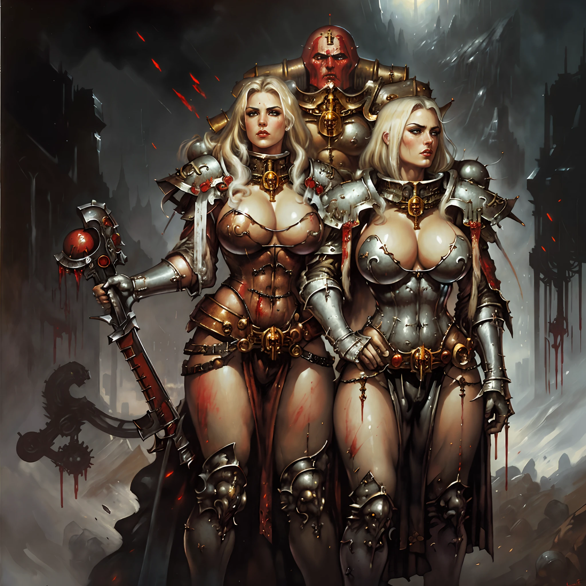 Masterpiece, (40k concept art), Sister of Battle, blonde hair, large breasts, cleavage, epic, brutalism, highly detailed, RPG artwork, Warhammer, blood, oil on canvas, grimdark, erotic, (portrait), (by Luis Royo and Boris Vallejo:1.2)