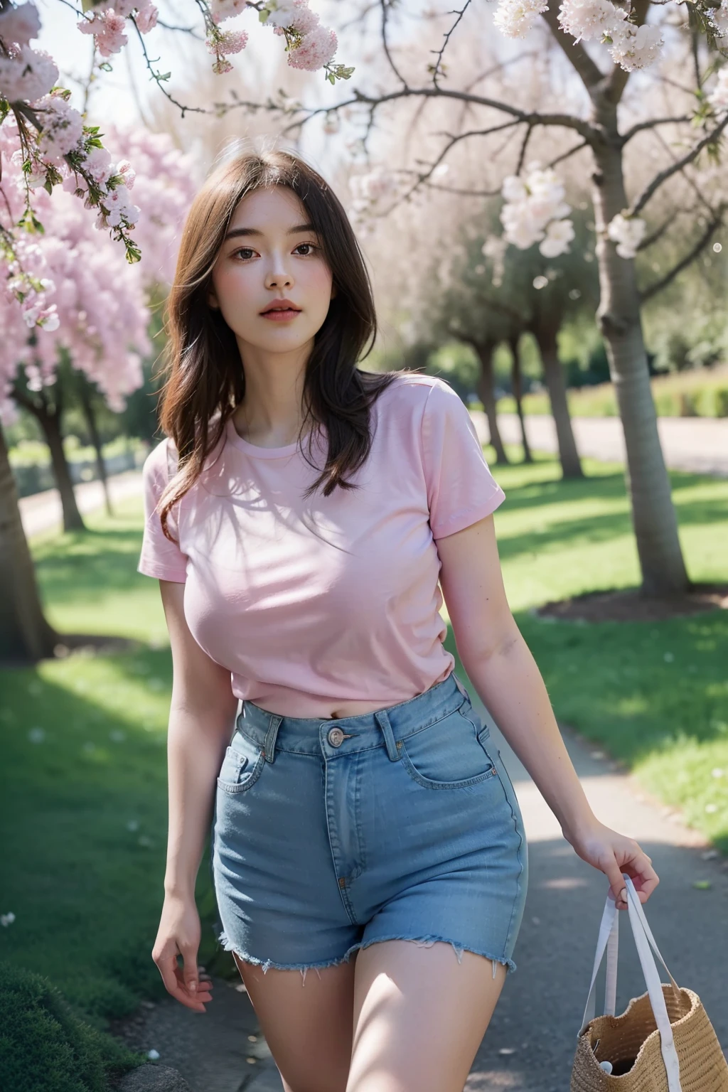 Wearing light blue skinny denim shorts,Pink shirt,Plump buttocks,Pear-shaped body,fully body photo,plane trees,Evening under the willow trees in the garden,Dappled moonlight,Classic art photographs,with details,There are close-ups,