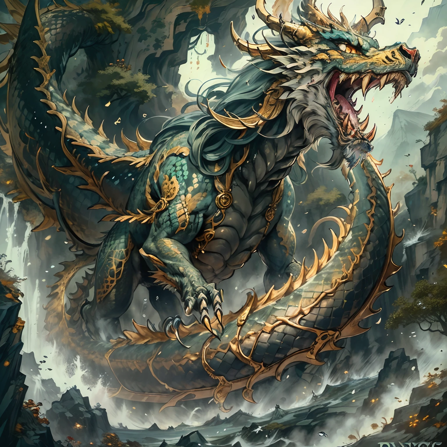 (Best quality,8K,A high resolution,Masterpiece:1.2),Ultra-detailed,(Realistic,Photorealistic,photo-realistic:1.37),Ancient beasts from hell，Chinese mythology，Mountain and Sea Sutra，the mountains and the sea,Ancient legends,drak，faucet，mythological creatures,Sparkling golden scales,faucet,mane hair,Dragon whiskers，lion body，Long tail，large wings，Wings cocked，Sharp claws,beast of prey，buck teeth，sparkling big eyes， Intricate fantasy ink painting, Detailed fantasy ink illustration, fantasy highly detailed, beautiful detailed fantasy, magic fantasy highly detailed, highly detailed fantasy art, epic rivendell fantasy, japanese fantasy, detailed fantasy digital art, Chinese fantasy, detailed fantasy art,