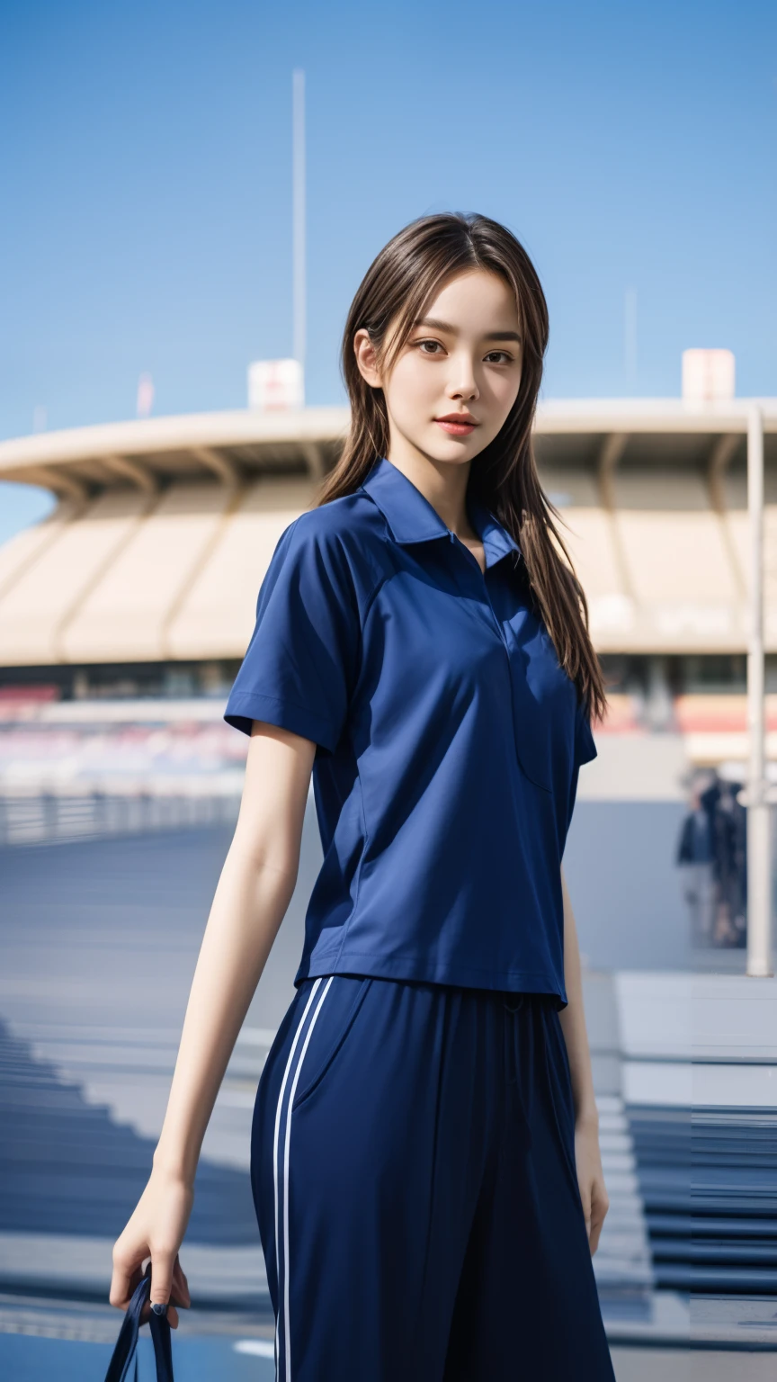 (bestquality,10,10,highres,masterpiece:1.2),ultra-detail,(Realistic,photorealistic portrait,photo-realistic:1.37),1 Cute girl in the football field,oily shiny skin,bara,light smile,BDclothes,((blue shirt:1.3)),short sleeves,shirt, trousers.,(navy_long_Pants Track:1.1), ((Stadium Background:1.3)),dynamic angle,excited,face focus,Dynamic Poses,from behide,Ass Focus,masterpiece, bestquality, ultra realistic, hyper-detail, 8k resolution, RAW photo, crisp focus, ((Navy blue shirt:1.1)), short sleeves, Long Path, Perfect body, 2 mature women, 18yo, cinematic light,Blue sweatpants,Gymware,Correct anatomy,Complete body, Correct body, sharp face, Anatomically correct body, full entire body, Realistic gestures, long-haired, Realistic poses,Wear long shorts..............,Long leg span,Shapely,Sculpting Girl, Slender Figure, mannequin mannequins, Shapely, Beautiful body,Blue sweatpants