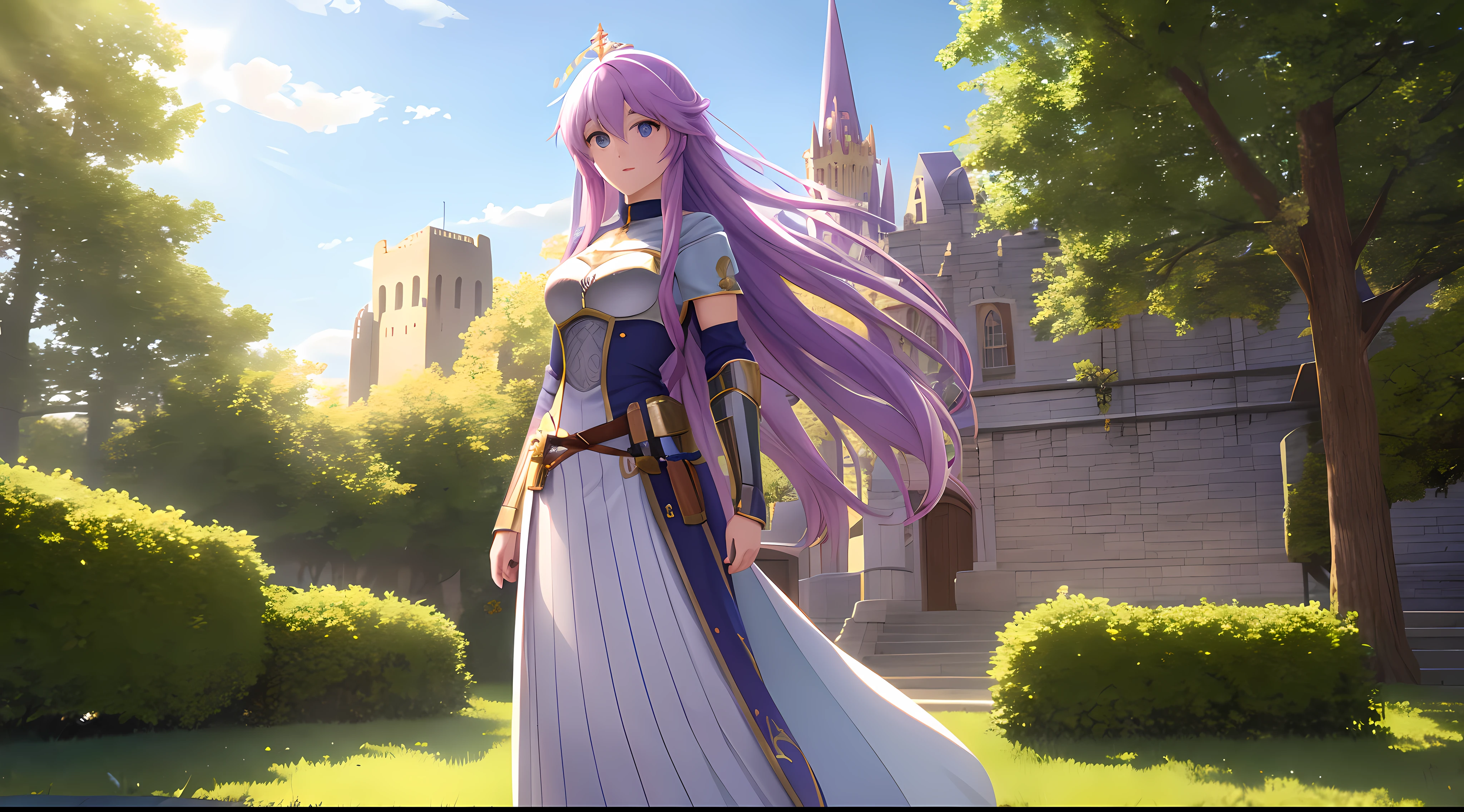 Athena with plain long light purple hair,hair between eyes,green eyes,rosy cheeks,full lips,thin eyebrows,slender body,wearing medieval golden knight armor and full long skirt,cute anime girl,full body,castle rooftop in background,anime style,Lumen Reflections,Screen Space Reflections,Diffraction Grading,Chromatic Aberration,GB Displacement,Scan Lines,Ray Traced,Anti-Aliasing,FXAA,TXAA,RTX,SSAO,Shaders,OpenGL-Shaders, GLSL-Shaders,Post Processing,Post-Production,cell Shading,Tone Mapping,CGI,VFX,SFX,insanely detailed and intricate, 4K,standing, solo, masterpiece, best quality, detailed face, detailed eyes, highres, standing, solo,masterpiece, best quality