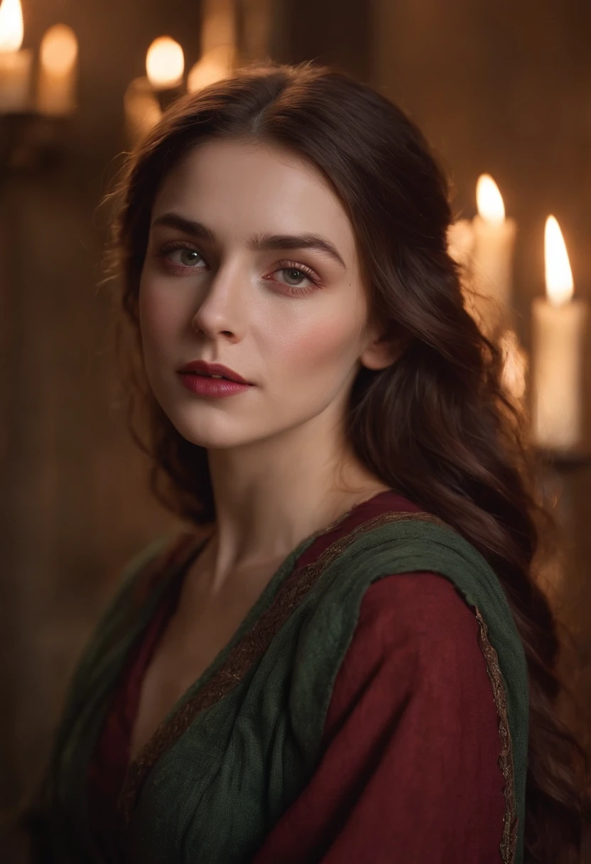 (((A deep red wound streaked across her left cheek))) Fair complexion, A woman around 19 years old, Natural gray hair, Unique green eyes, Wear Cole, Slender and graceful, Beautiful, Candlelight in a medieval setting, super sharp focus, realistic lens, Medieval women's clothing, Four colors (Scar:1.4)