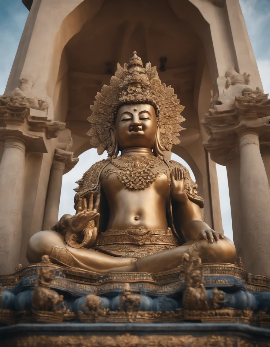 Buddhist statue, stone, texture, expensive, Majestic, The background is illuminated by sunlight.,Inverted Image,side, Cinematic