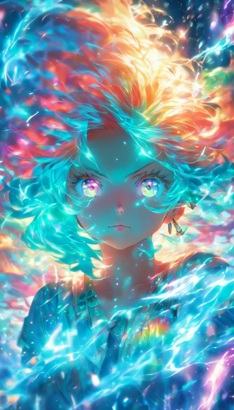 femele，Turquoise eyes glow,rainbow colour hair,Cast luminous spells,mystical forest,illustration,Enchanting atmosphere,Vibrant colors,Soft lighting