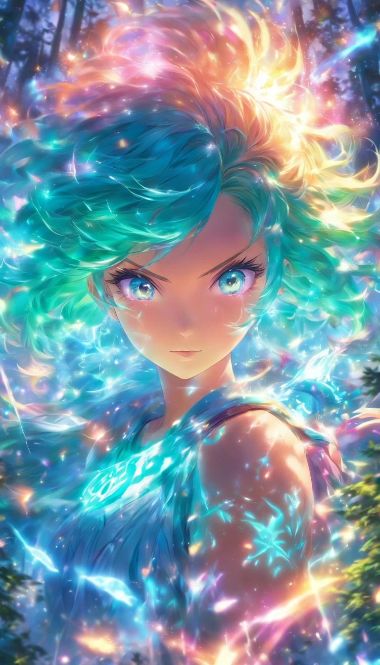 femele,Turquoise eyes glow,rainbow colour hair,Cast luminous spells,mystical forest,illustration,Enchanting atmosphere,Vibrant colors,Soft lighting