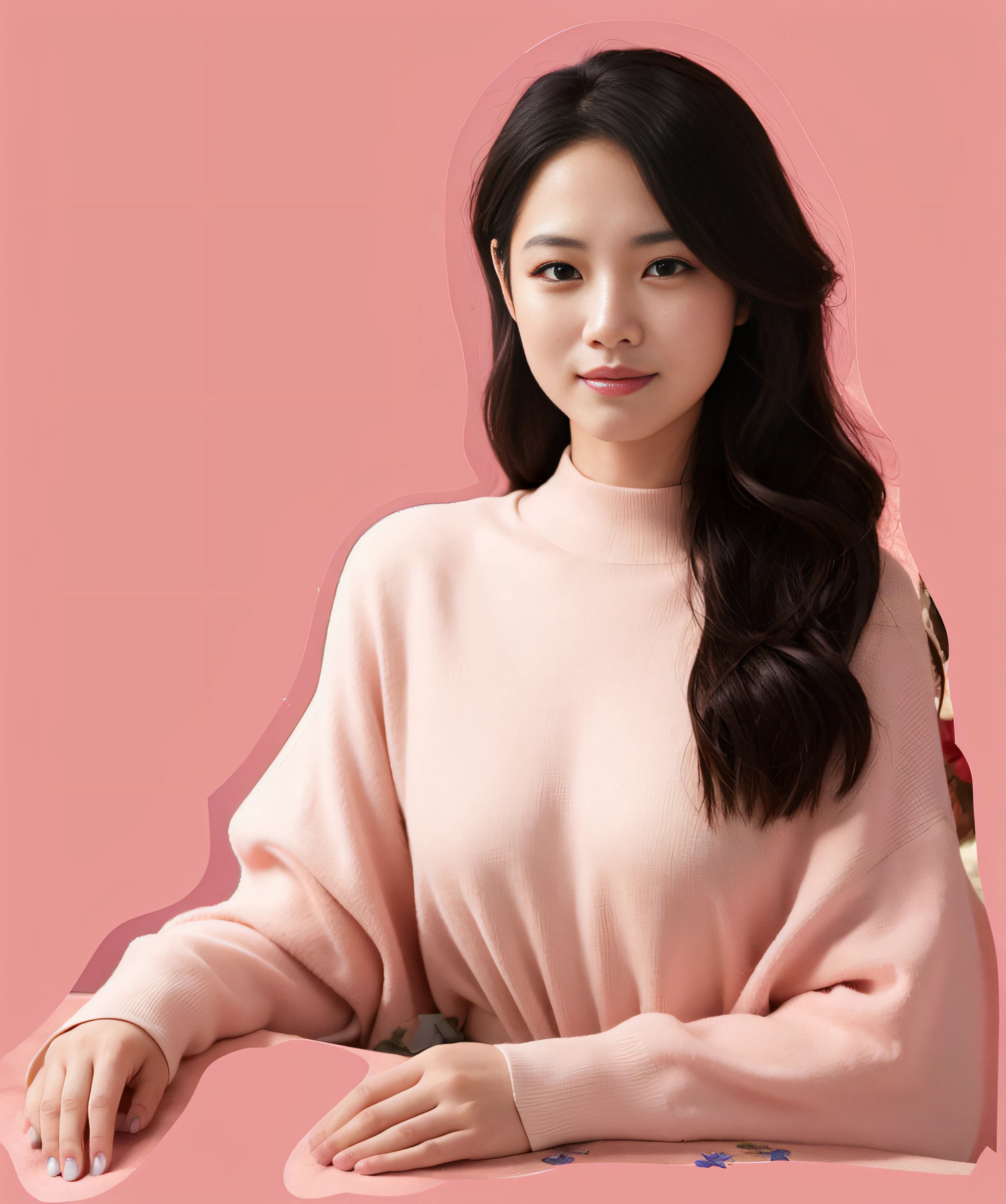 Image of a woman with long hair and a pink sweater,Beautiful Chinese woman, Gorgeous young Chinese woman,(8K, Photorealistic, RAW photo, Best quality: 1.4)，Beautiful face, (Realistic face), (Black hair), Beautiful hairstyle, Realistic eyes, Beautiful detailed eyes, (Realistic skin), Beautiful skin, Attractive, 超高分辨率, ultra-realistic realism