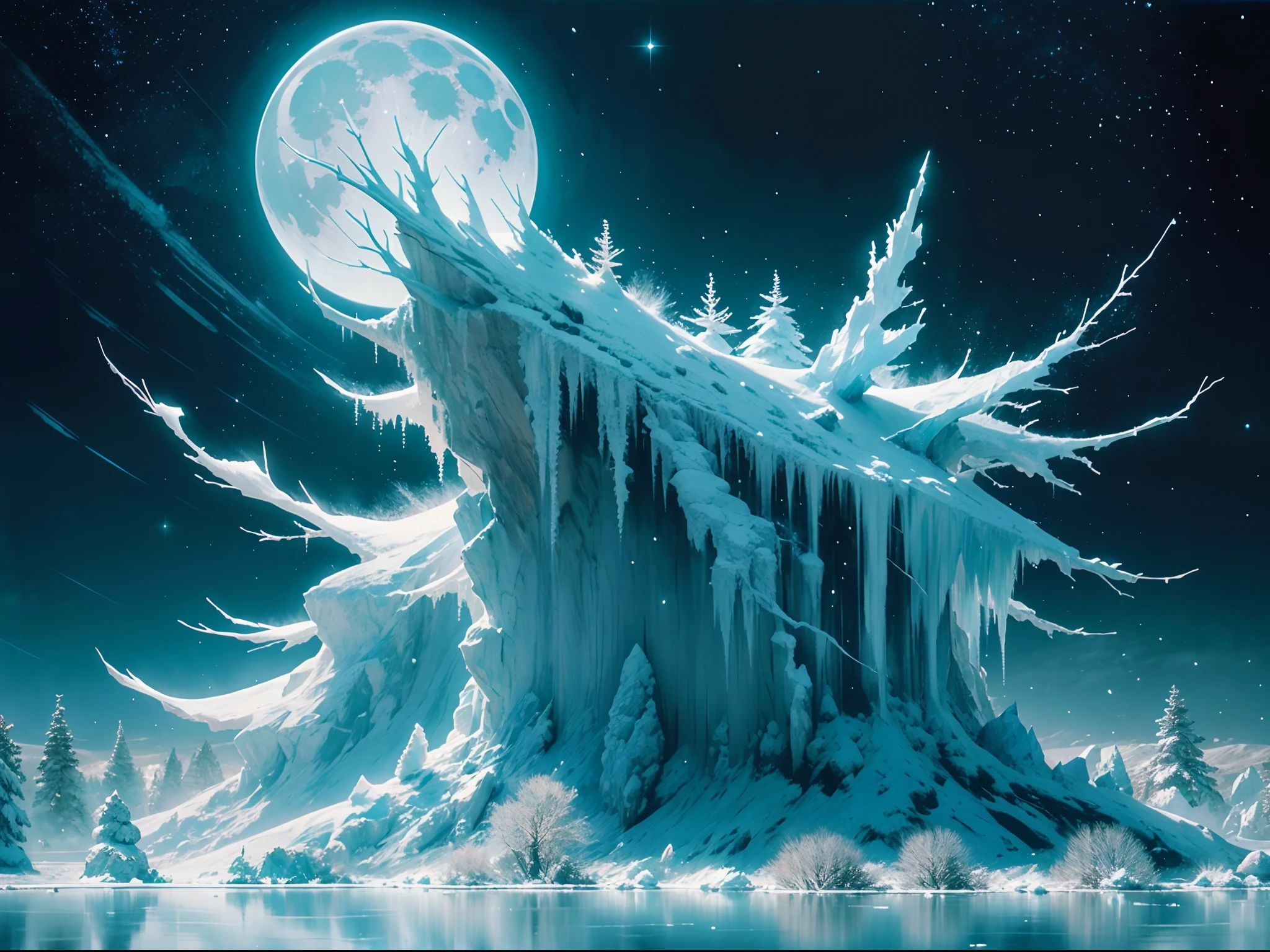 rime ice, moonlight, snowy mountains, frozen branches, shimmering crystals, tranquil stillness, ethereal glow, cold beauty, lunar glow, silver shadows, mystical atmosphere, winter wonderland, frozen landscape, delicate icicles, glistening snow, crisp air, serene silence, moonlit peaks, frosty enchantment, icy sculptures, frost-covered trees, celestial radiance, sparkling frost, magical night, peaceful serenity, dreamlike scenery, moonlit reflection, poetic winter, enchanting moon, icy blue hues, starry sky, frozen wilderness, ethereal tranquility, moonlit frost, moonlit stillness, wintry moonbeam, luminescent landscape, icy moonlight, frozen paradise.