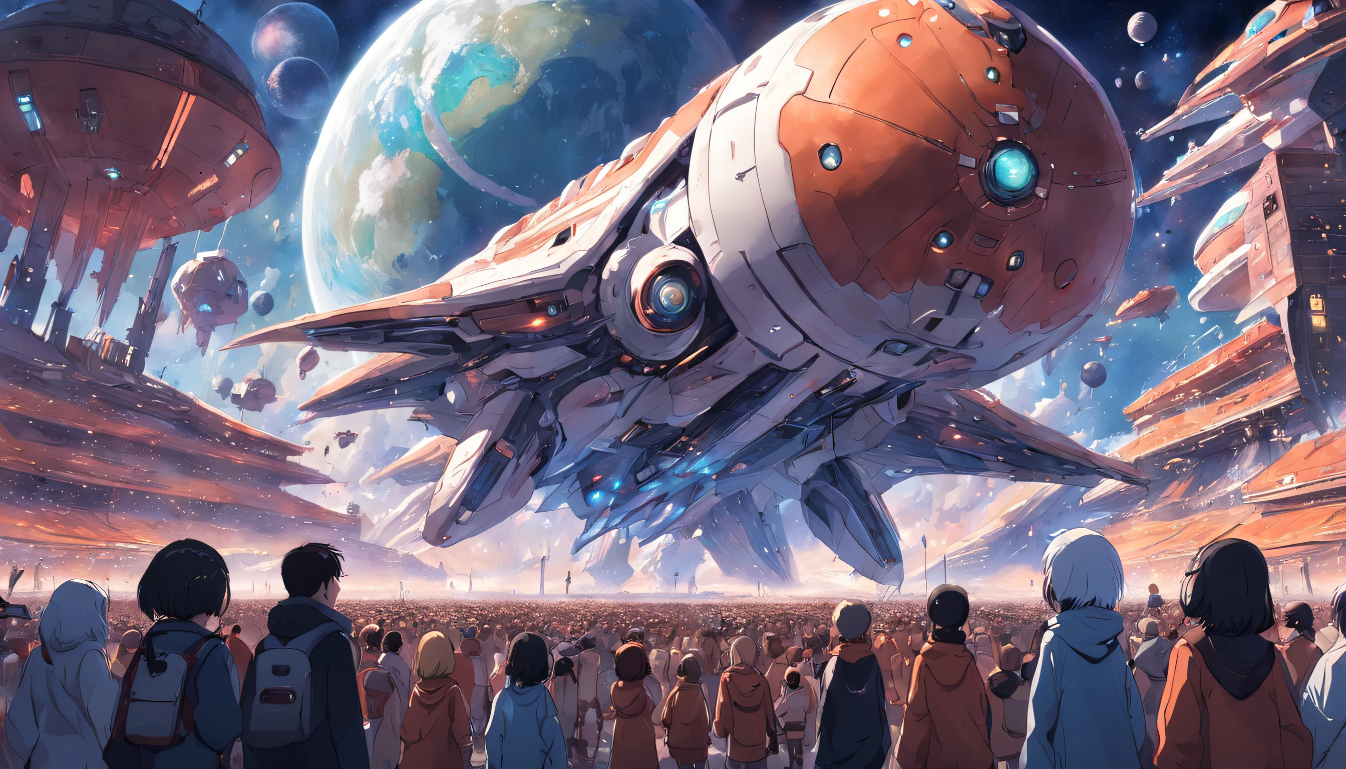 Huge parade of spaceships watched by many friendly human and extraterrestrial spectators from various backgrounds
