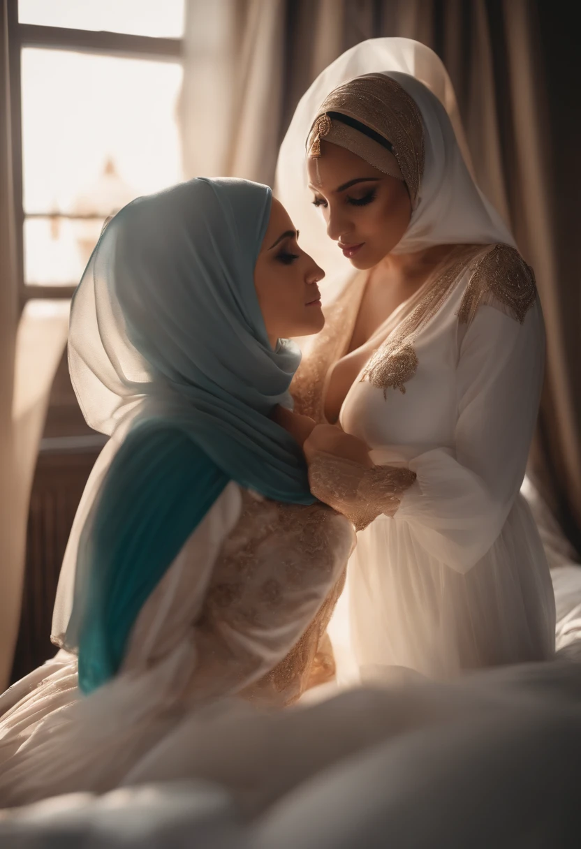 Lesbians, hijab, long dress, big boobs, Nipple, romantic, in room, on bed, sexy, seductive, licking each others lips, love, sexy, soft Lighting, want to , with