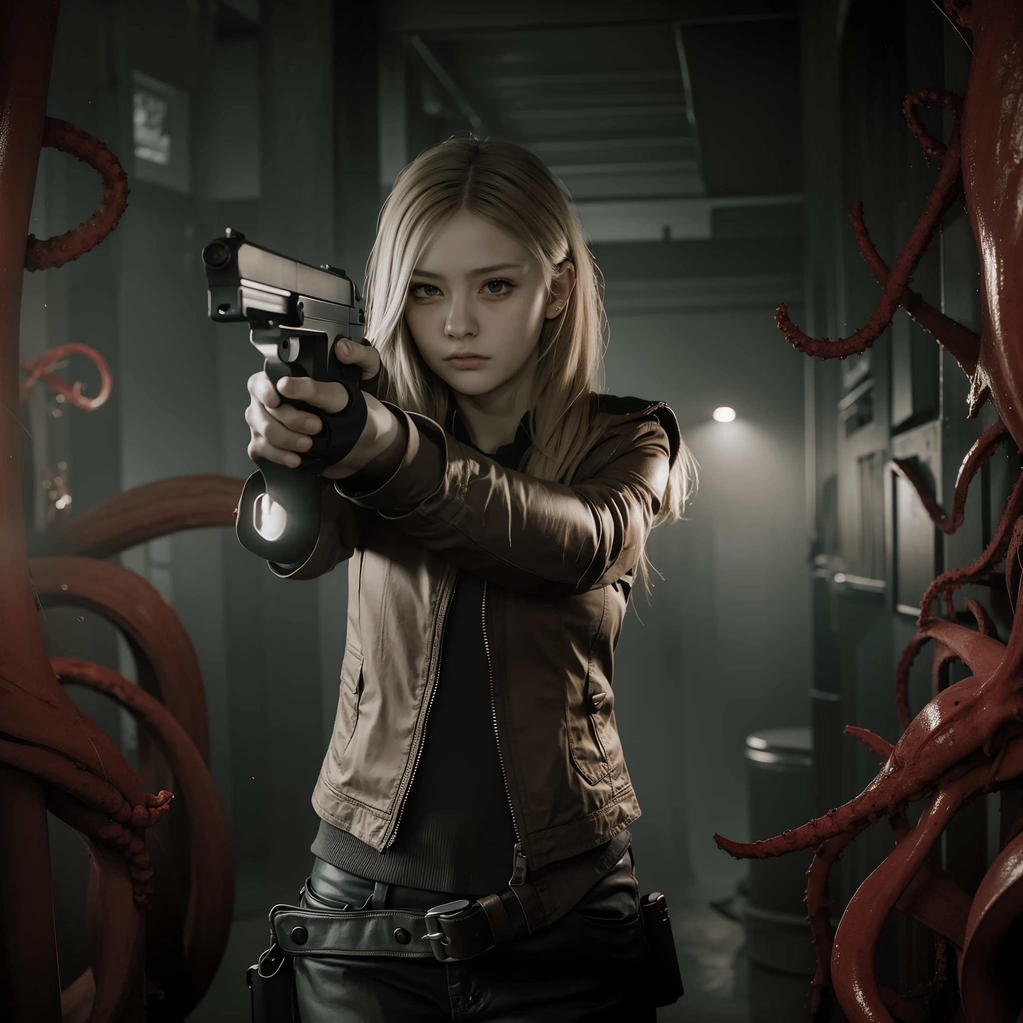 beautiful face, long blonde hair, glare expression, holding a gun, red tentacles, perfect face