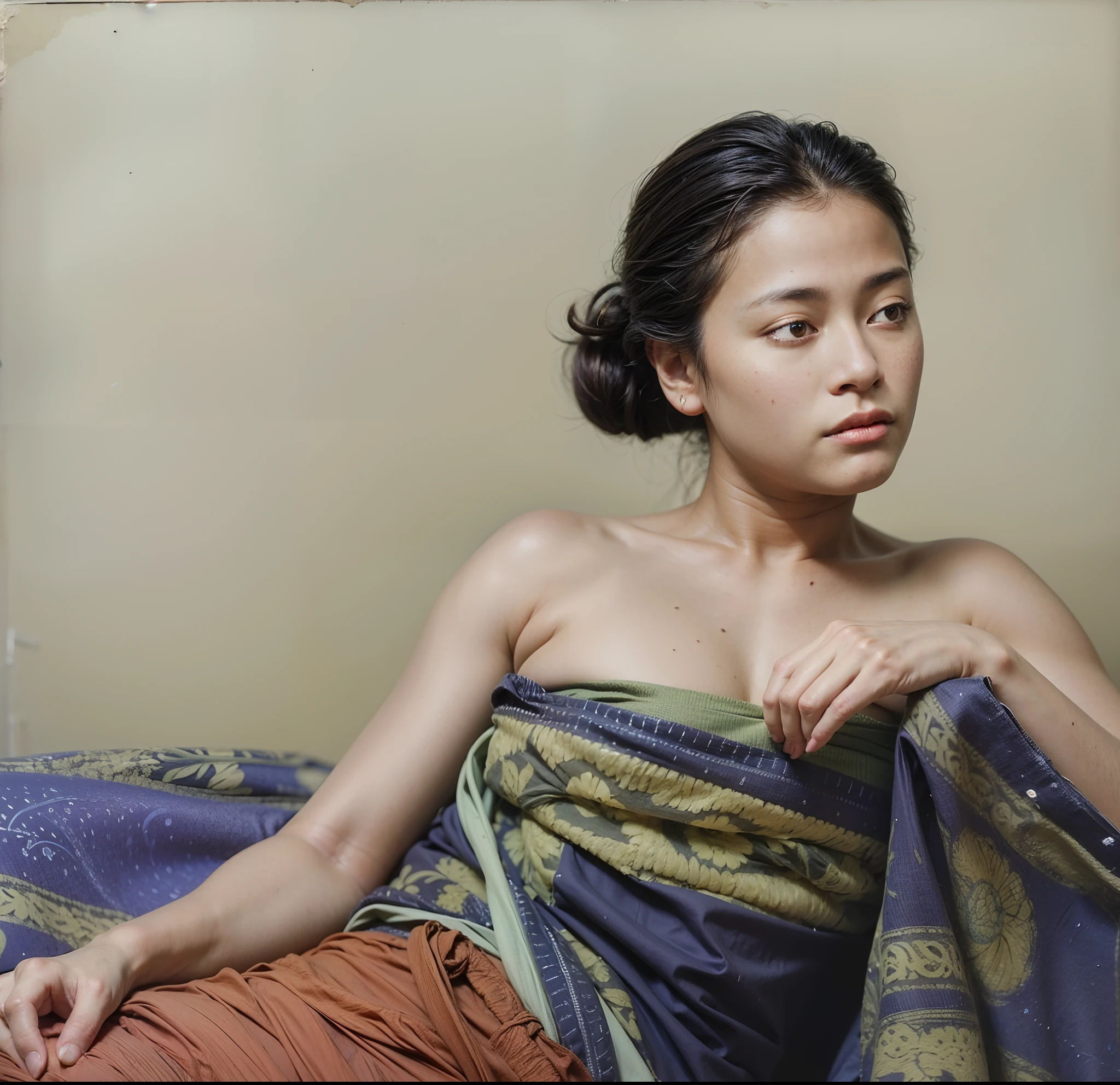 arafed woman in a towel sitting on a bed, color portrait, inspired by I Ketut Soki, autochrome pearl portrait, a colorized photo, colorized photograph, hand - tinted, by I Ketut Soki, colorized, colorized 1 9 0 4 photo, colorized photo, vintage color photo, award winning colorized photo, colourized, autochrome, 8k portrait, detailed intricate fabric texture, (charcoal black theme:1.3), spiral patterns, body freckles, bright, high quality image, masterpiece, detailed hair texture, detailed skin texture, detailed cloth texture, 8k, add fabric details, ultra detailed skin texture, ultra detailed photo, skin pores, cloth details, high skin details, realistic hair details, (8K, RAW photo, best quality, masterpiece:1.2), (realistic, photo-realistic:1.4), ultra-detailed (grainy:0.2), (skin blemish:1.2), (skindentation), freckles, moles, wrinkles, or blemishes, pores, skin texture, and fine lines