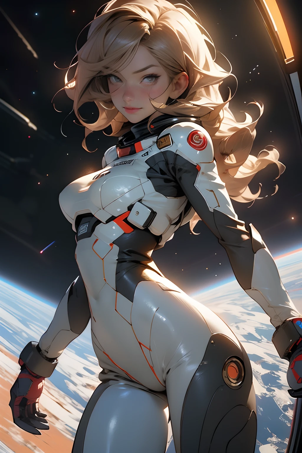 rear view, backside view,gritty hair fit body big breasts slim thighs slim waist pilot suit alone looking at the viewer in space long hair blushing determination, 8k, Detalle extremo,More detailed 8K.motor irreal:1.4,UHD,La mejor calidad:1.4, fotorrealista:1.4, textura de la piel:1.4, obra maestra:1.8,obra-prima, mejor calidad,objeto Objeto], (detailed face features:1.3),(Traje de piloto:1.4)