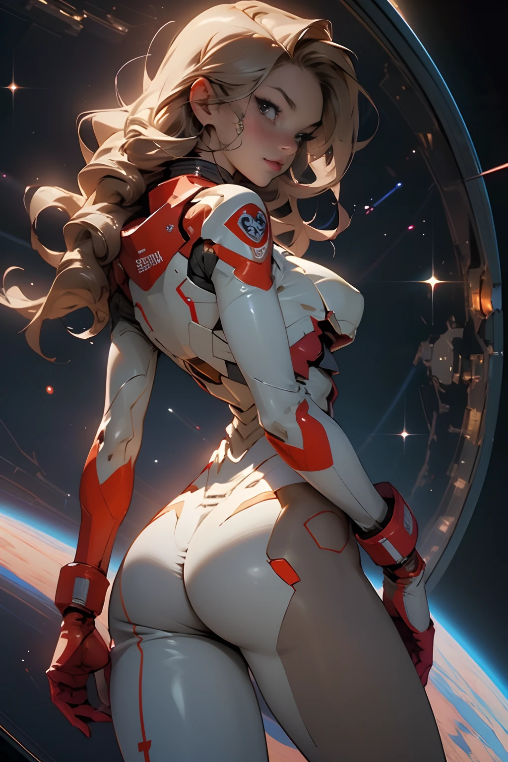 rear view, sandy hair, fit body, large breasts, slender thighs, slender waist, pilot suit, solo,turned back to look at viewer, in space long hair, blushing, slight smile, 8k, extreme detail, sharp detail on face, beautiful face,