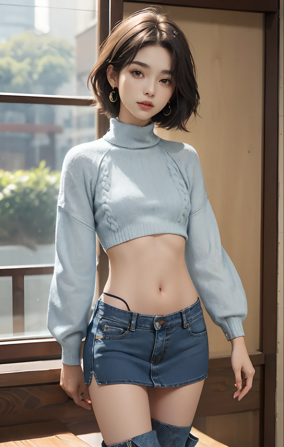 high quarity，detail，Bare belly，Natural and authentic，、((wide open abdomen))、((open abdomen))、((wide open navel))、((open navel))、((Mid-Riff Sweater))、((Ultra-low rise、Denim Mini Skirt))、((Navel Ejection))、((small hips))、((long limbs))、((Full body depiction))、((A slender))、((small  hip))、(Ultra-low rise))、((Denim Mini Skirt))、((is standing))、((boots))