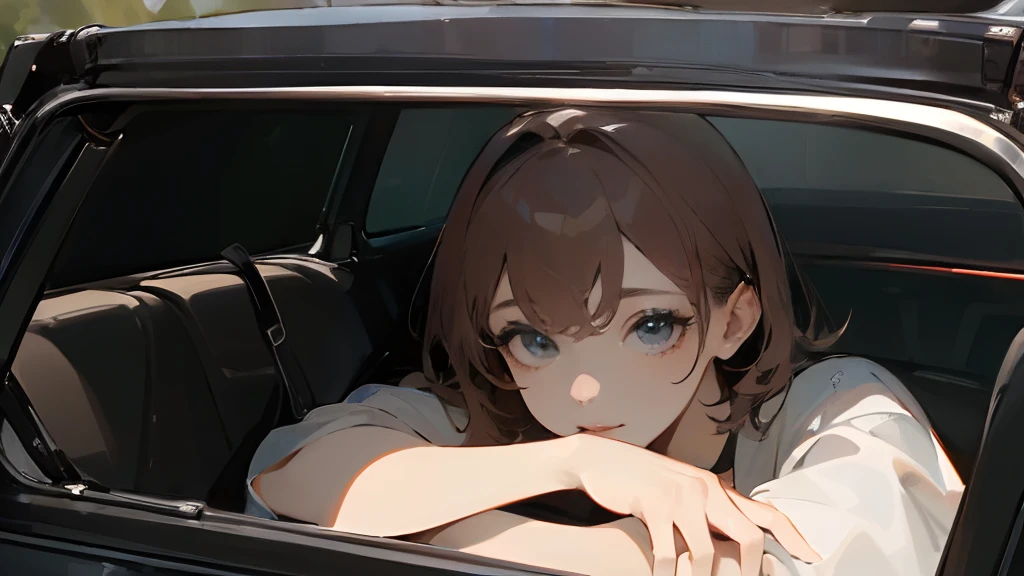 1girl, beautiful, solo, (top down:1.5), (close-up1.5), lying in car