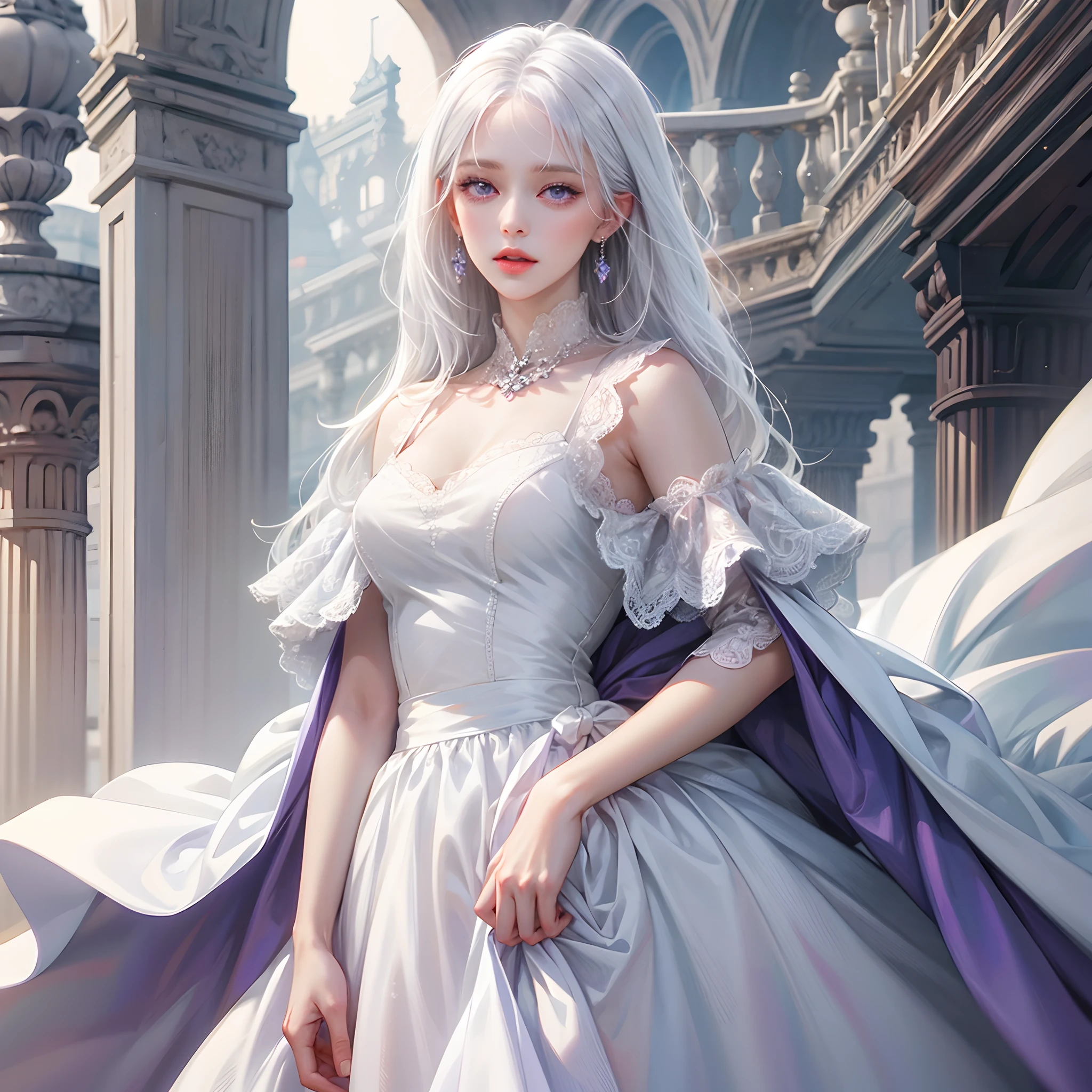 a women, white hair, purple eyes, white dress