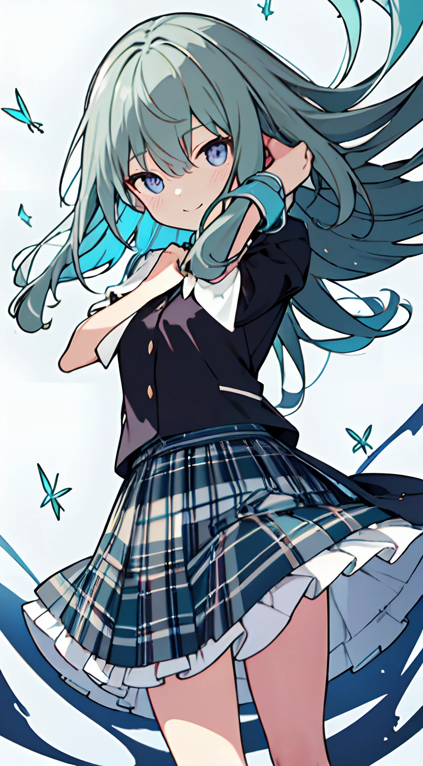 masuter piece, Best Quality,32K、Wallpaper, ultra -detail, Absurd beauty, 1beautiful girl、Big crisp eyes、Hair fluttering in the wind、Slender legs、Smaller head、miscievous smile、Angle looking up from below:1.3、♡♡♡、Poses in motion、Kilted skirt