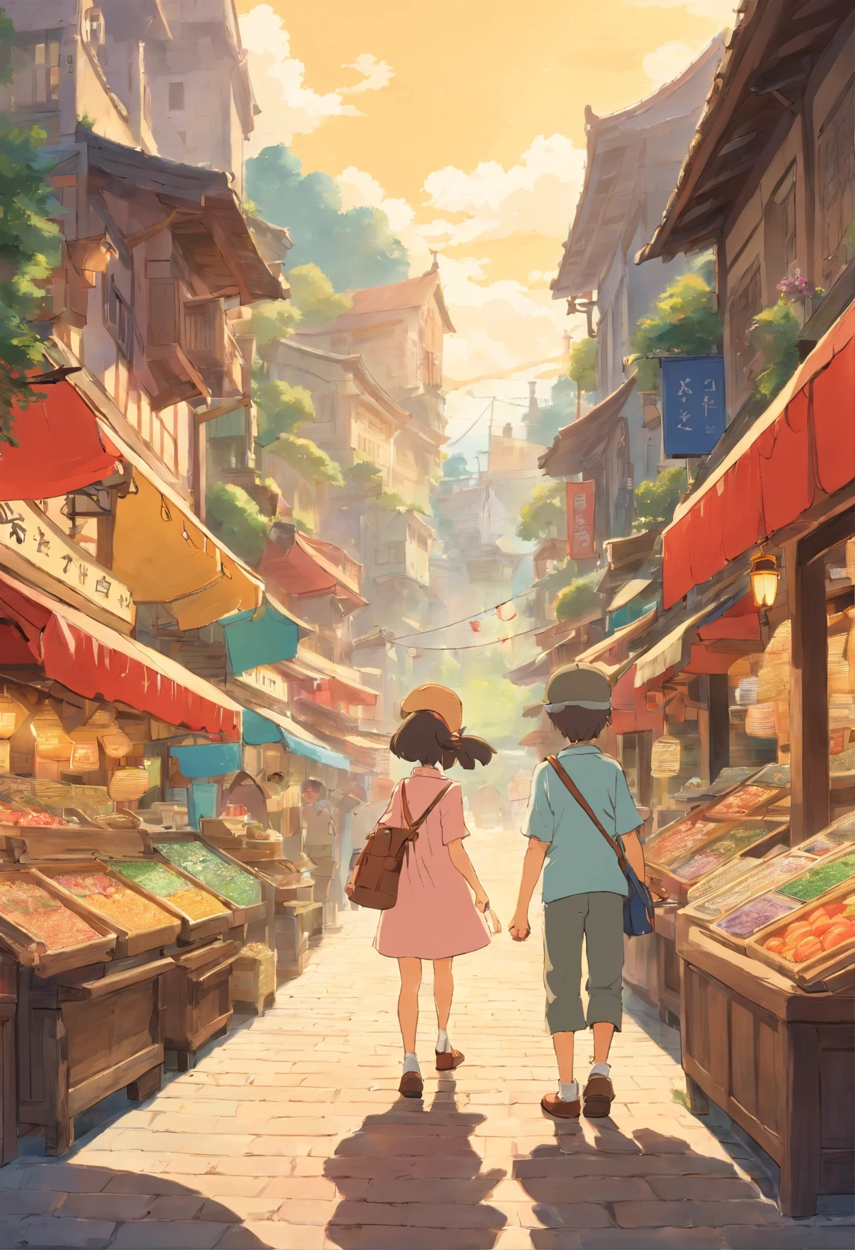 AIn a bustling market, boy and girl bump into each other while following the same ancient map