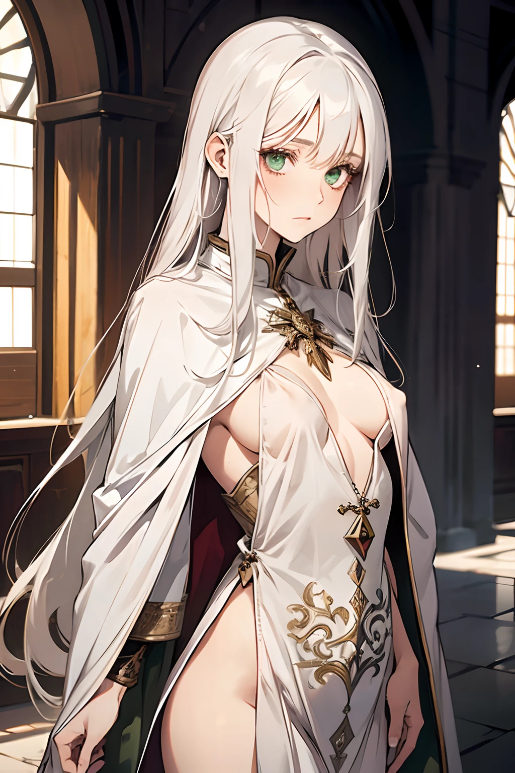 1girl, adult, mature face, long white hair, pale green eyes, innocent, shy, priestess, medieval fantasy, small breasts, lewd, revealing clothing, nipples