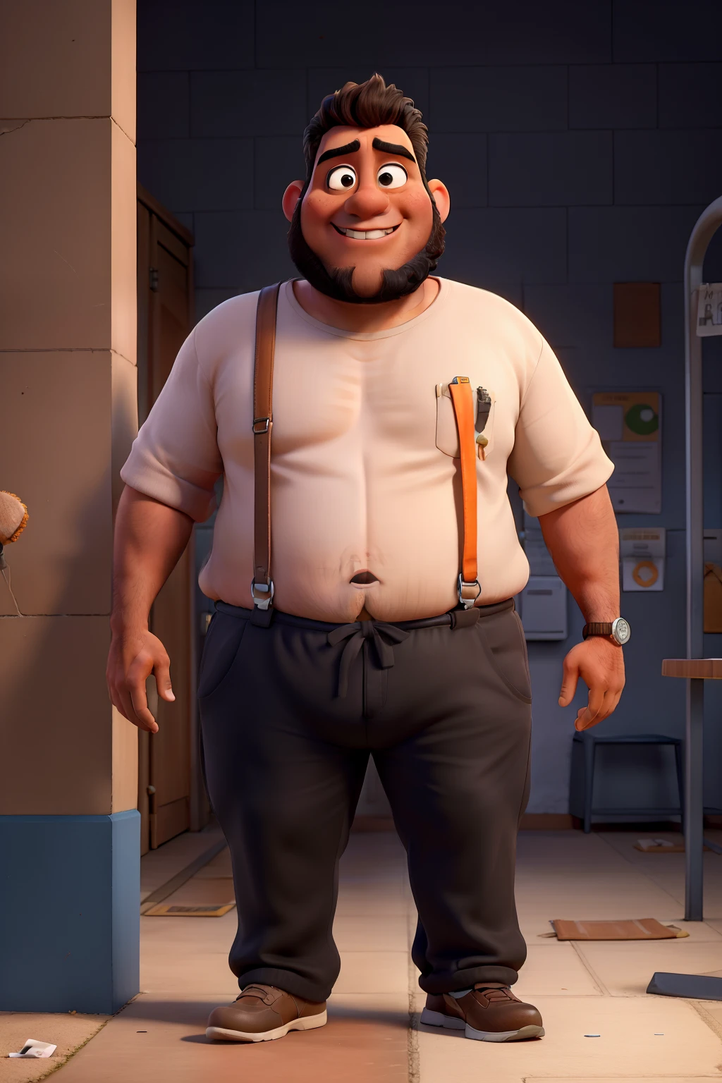 Obra maestra, de la mejor calidad, Generate a Pixar-style movie poster of a really dark skin obese bald person with an orange jumpsuit without a shirt and a thick black beard named Dima. Dima is in prison, he is in his gray jail cell, biting his lips while being romantically into to an inmate named Bercy. Bercy is a nerdy person with short hair, no facial hair, skinny and in an orange jumpsuit. Bercy looks really concerned because of Dima. They are both inside a jail cell. Add the movie title "Bercya".