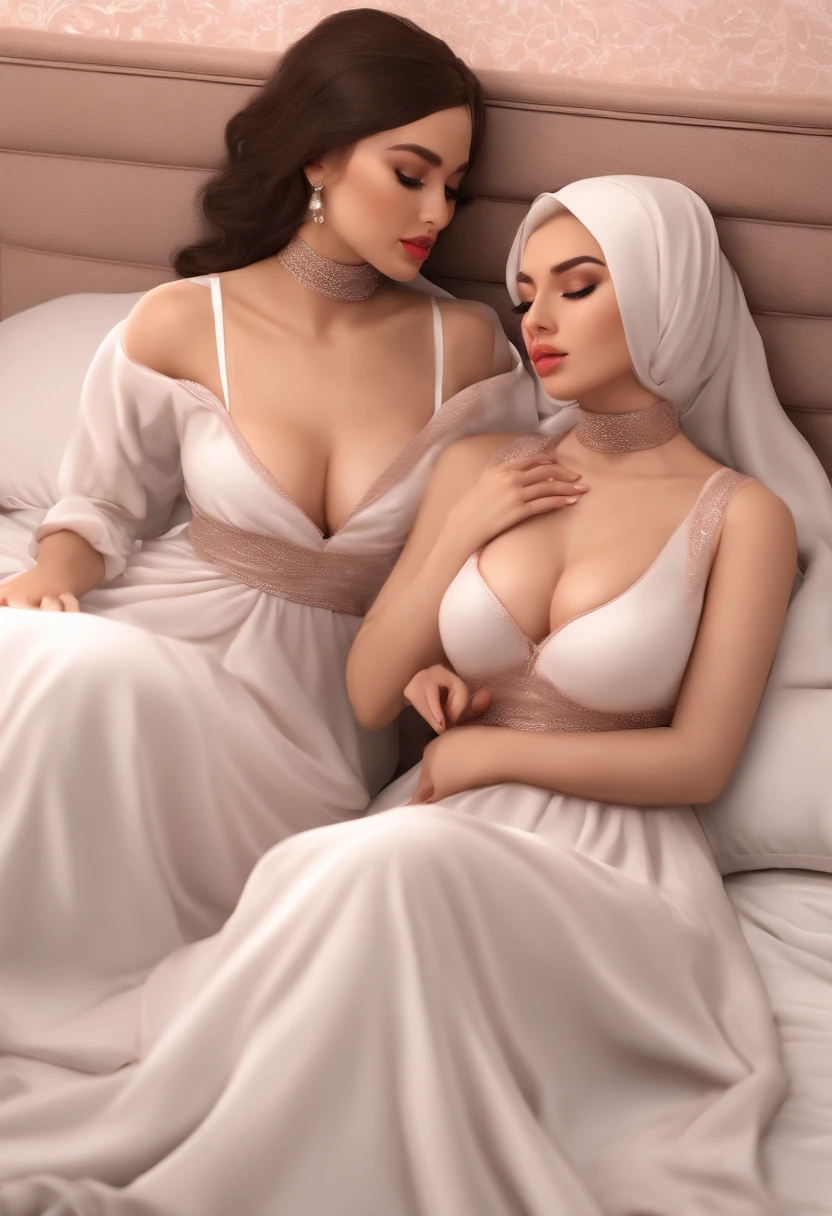 Lesbians, hijab, long dress, big boobs, Nipple, romantic, in room, on bed, sexy, seductive, licking each others lips, love, sexy, soft Lighting, nsfw, breast exposed