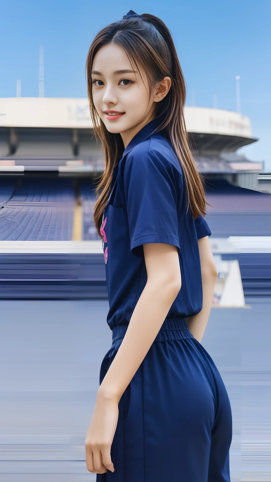 (bestquality,10,10,highres,masterpiece:1.2),ultra-detail,(Realistic,photorealistic portrait,photo-realistic:1.37),1 Cute girl in the football field,oily shiny skin,bara,light smile,BDclothes,((blue shirt:1.3)),short sleeves,shirt, trousers.,(navy_long_Pants Track:1.1), ((Stadium Background:1.3)),dynamic angle,excited,face focus,Dynamic Poses,from behide,Ass Focus,masterpiece, bestquality, ultra realistic, hyper-detail, 8k resolution, RAW photo, crisp focus, ((Navy blue shirt:1.1)), short sleeves, Long Path, Perfect body, 2 mature women, 18yo, cinematic light,Blue sweatpants,Gymware,Correct anatomy,Complete body, Correct body, sharp face, Anatomically correct body, full entire body, Realistic gestures, long-haired, Realistic poses,Wear long shorts.............,Long leg span,Shapely,Sculpting Girl, Slender Figure, mannequin mannequins, Shapely, Beautiful body,Blue sweatpants