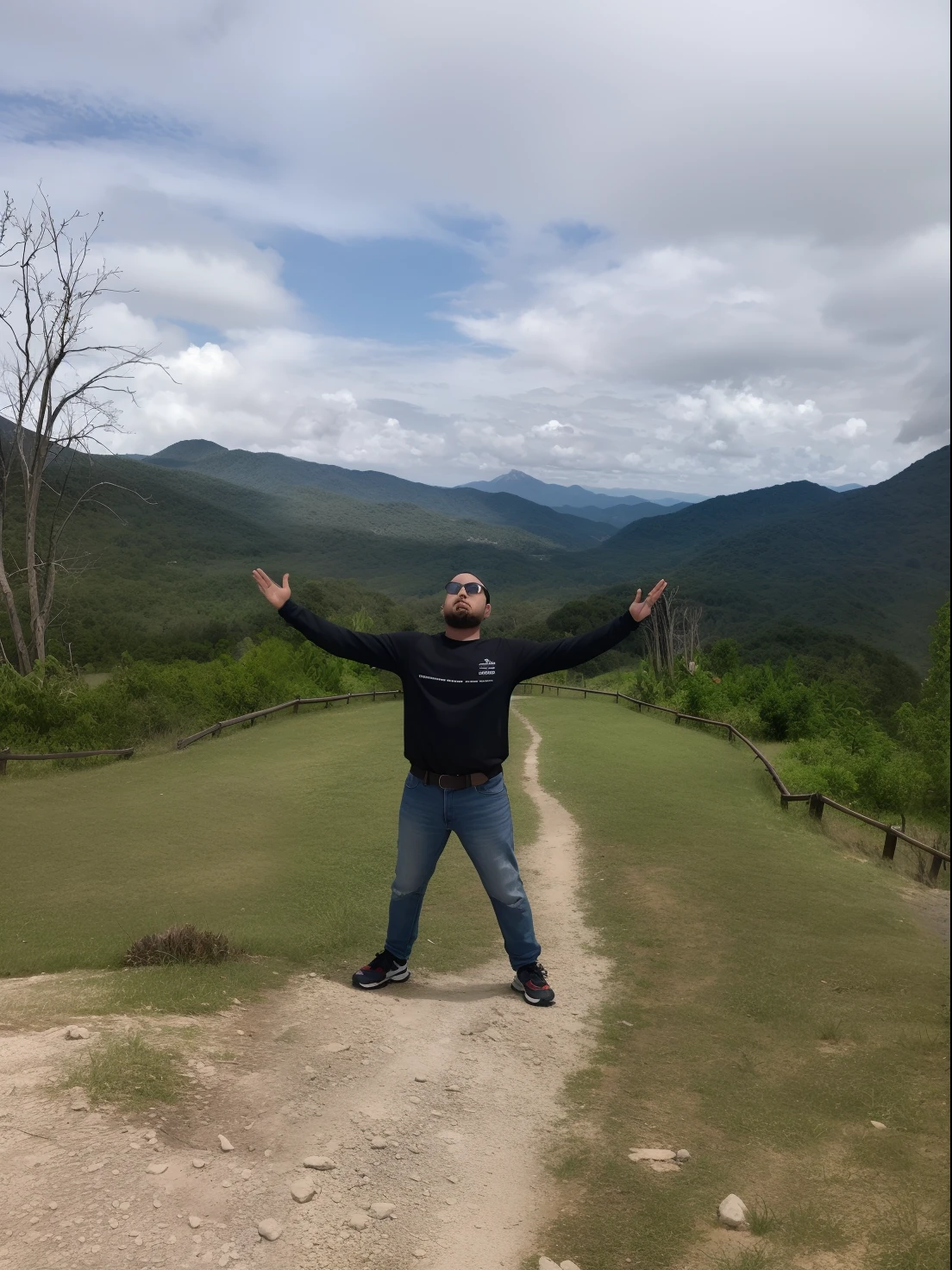 The Arafaid man stood on a dirt road with his arms outstretched., with mountains in the background, with mountains in the background, hills in the background, Moutain in the background, In the mountains, Forest background page, Paradise in the background, Standing in front of the mountain, There is a mountain in the background., Mountains in the background, Intriguing wild face