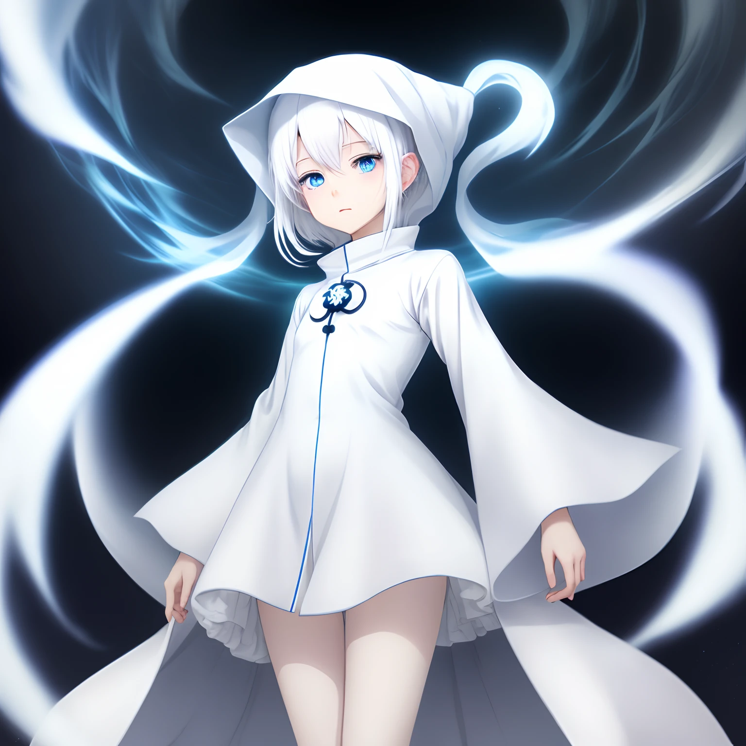 1 Anime-style ghost personification Petite person in white cloth White hair Two legs One finger Blue eyes in the center