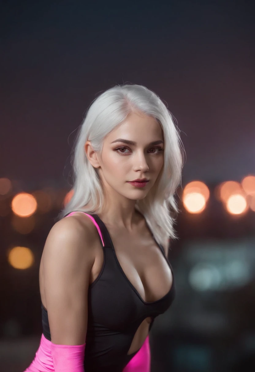 Pretty, Woman, Sexy face, Yellow eyes, White hair, Slim body, Sexy Pose, Pink tights, mechs, Neon sign, Led Night City, Seen from above, High quality, Realistic, Beautiful light, full detail, Black background,yoga pose,Training shirt,Mrs. Devi