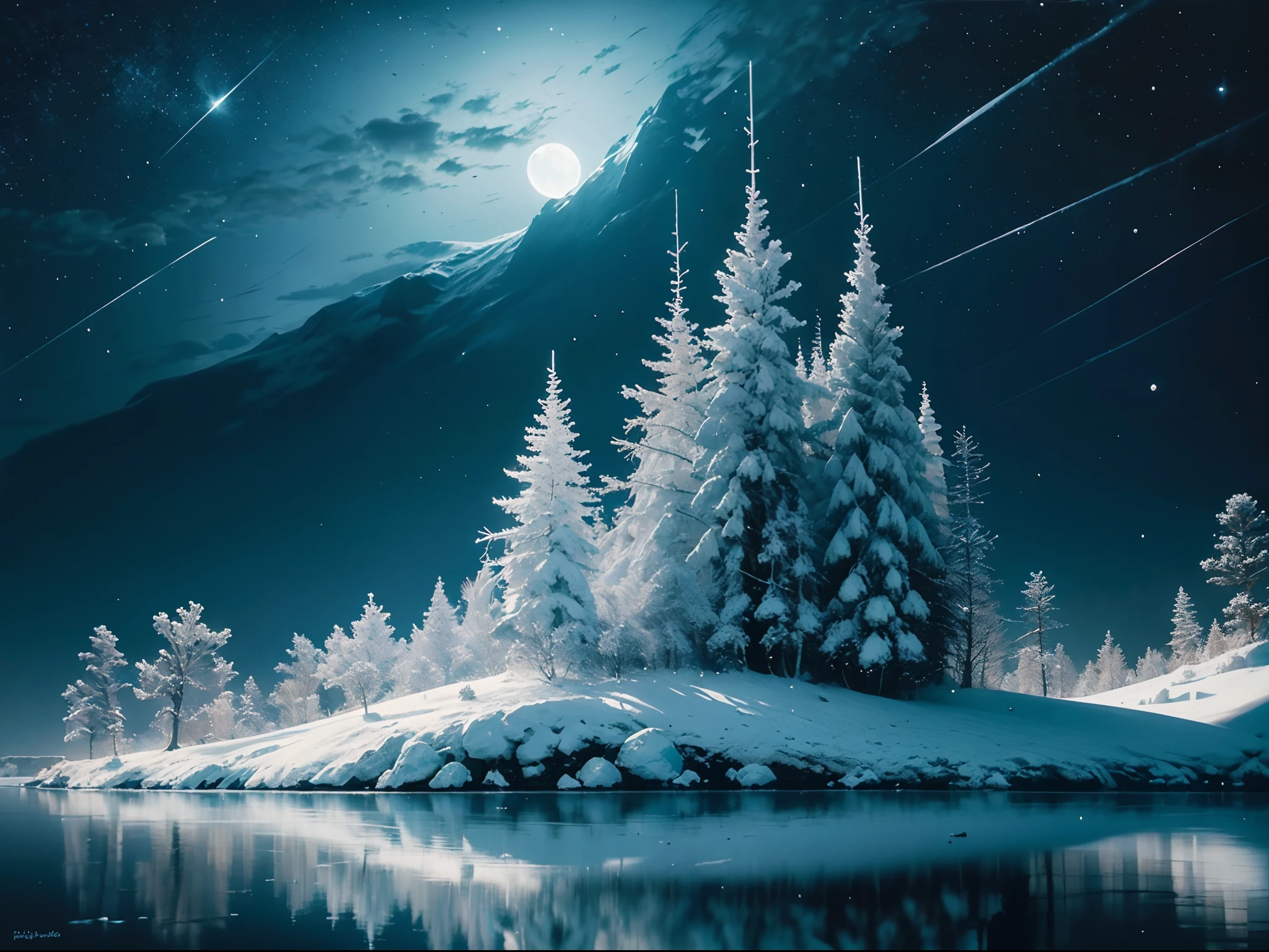 rime ice, moonlight, snowy mountains, frozen branches, shimmering crystals, tranquil stillness, ethereal glow, cold beauty, lunar glow, silver shadows, mystical atmosphere, winter wonderland, frozen landscape, delicate icicles, glistening snow, crisp air, serene silence, moonlit peaks, frosty enchantment, icy sculptures, frost-covered trees, celestial radiance, sparkling frost, magical night, peaceful serenity, dreamlike scenery, moonlit reflection, poetic winter, enchanting moon, icy blue hues, starry sky, frozen wilderness, ethereal tranquility, moonlit frost, moonlit stillness, wintry moonbeam, luminescent landscape, icy moonlight, frozen paradise.