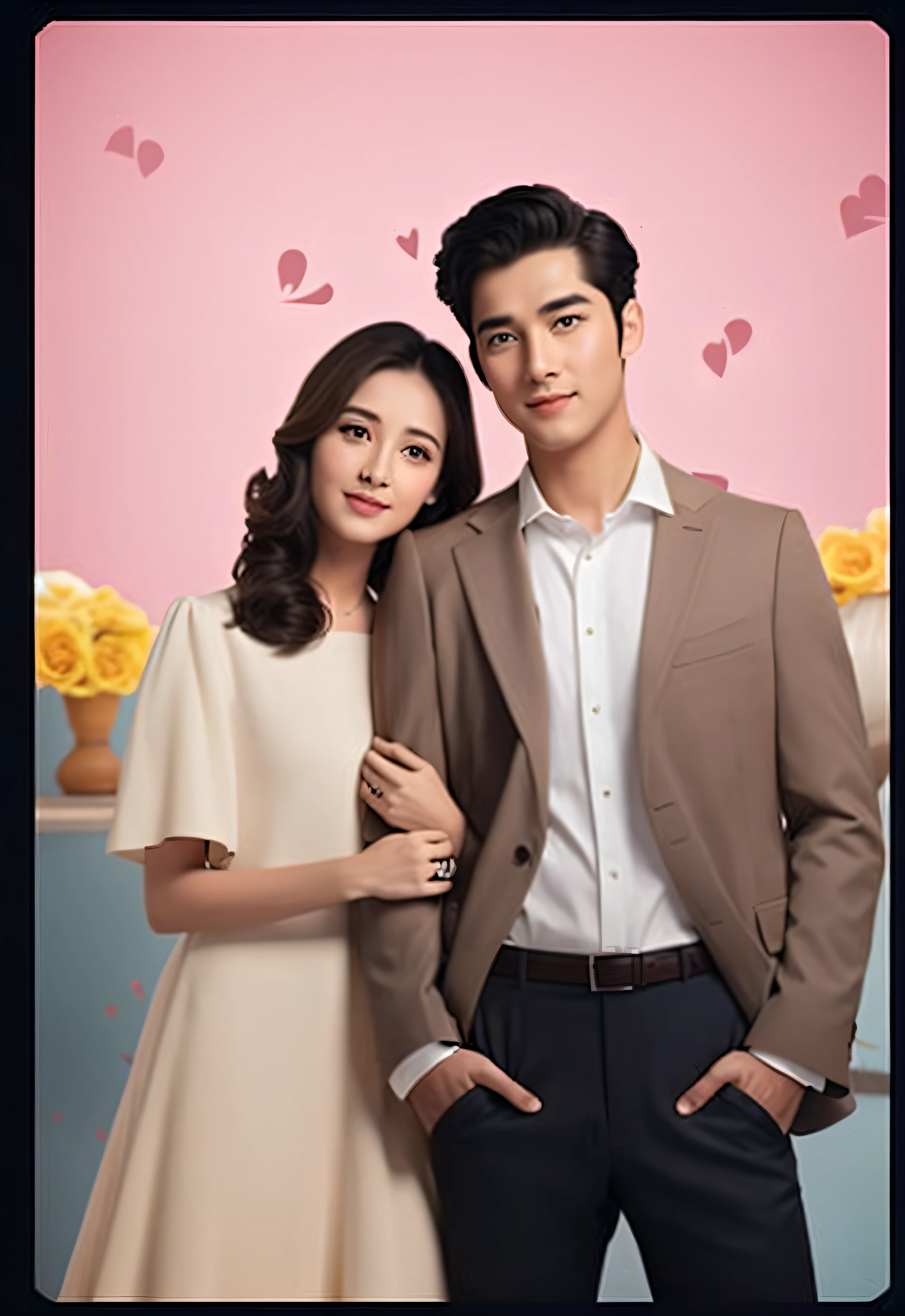 A man and a woman stand side by side, romantic lead, official photo, Love interests, ellegance, cute couple, film promotional image, advertisement picture, Handsome girl, Handsome man, Film stills promotion, Handsome, Bright sky, Highlight, photoshoot