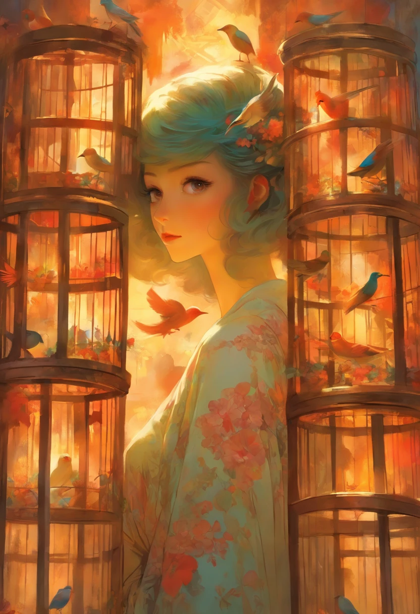 There is a drawing of a woman holding a bird in a cage, Inspired by Mathieu Le Nan, Highly conceptual figurative art, inspired by Stevan Dohanos, Inspired by Carlo Mense, tom bagshaw style, adrian borda, by Mathieu Le Nan, inspired by Esao Andrews, Inspired by Silvestro Rega, by Esao Andrews : : ornate