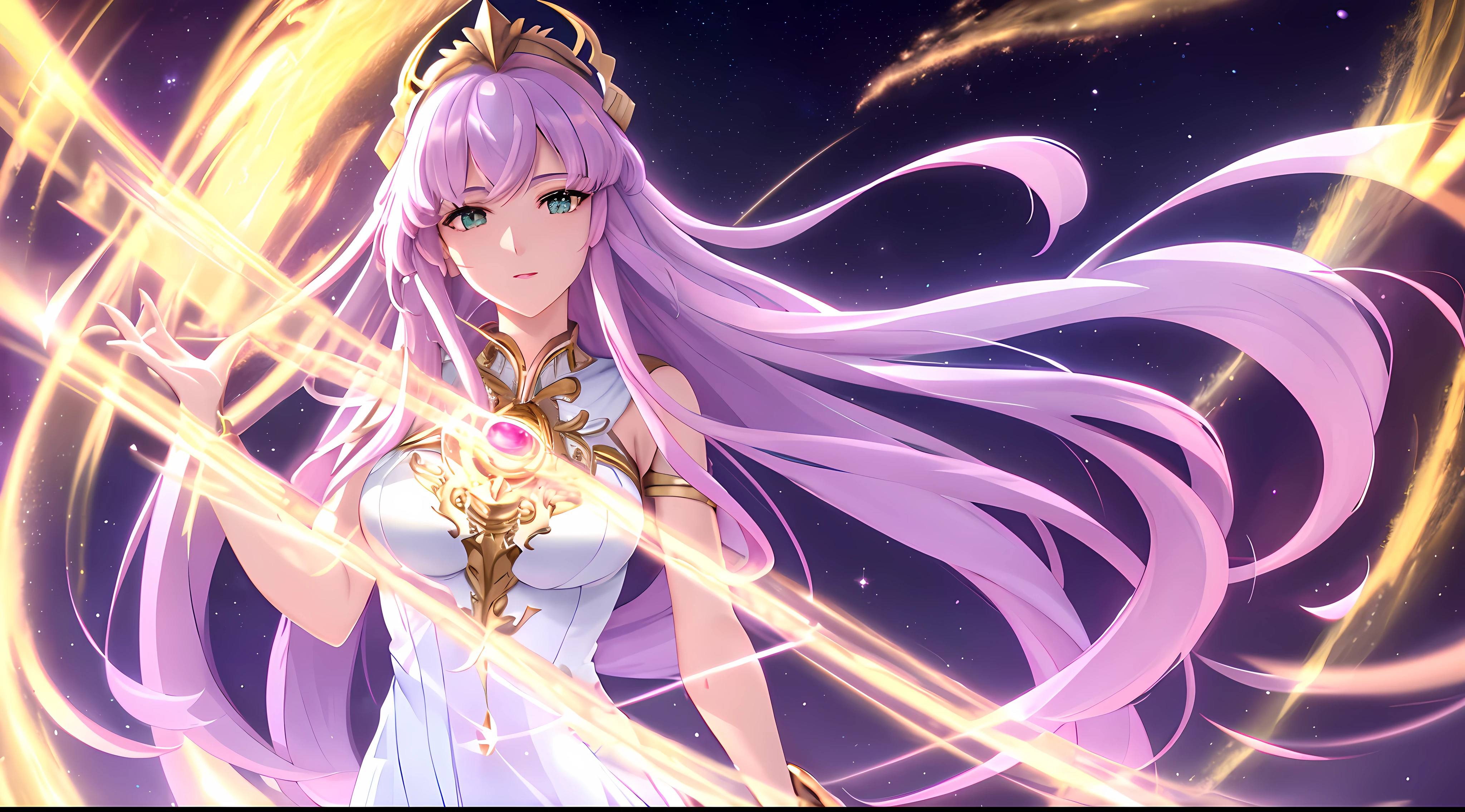 Athena with plain long light purple hair,hair between eyes,green eyes,rosy cheeks,full lips,thin eyebrows,slender body,wearing ethereal white robe adorned with golden crown and full long skirt,cute anime girl,full body,night sky nebulae in background,anime style,Lumen Reflections,Screen Space Reflections,Diffraction Grading,Chromatic Aberration,GB Displacement,Scan Lines,Ray Traced,Anti-Aliasing,FXAA,TXAA,RTX,SSAO,Shaders,OpenGL-Shaders, GLSL-Shaders,Post Processing,Post-Production,cell Shading,Tone Mapping,CGI,VFX,SFX,insanely detailed and intricate, 4K,standing, solo, masterpiece, best quality, detailed face, detailed eyes, highres, standing, solo,masterpiece, best quality