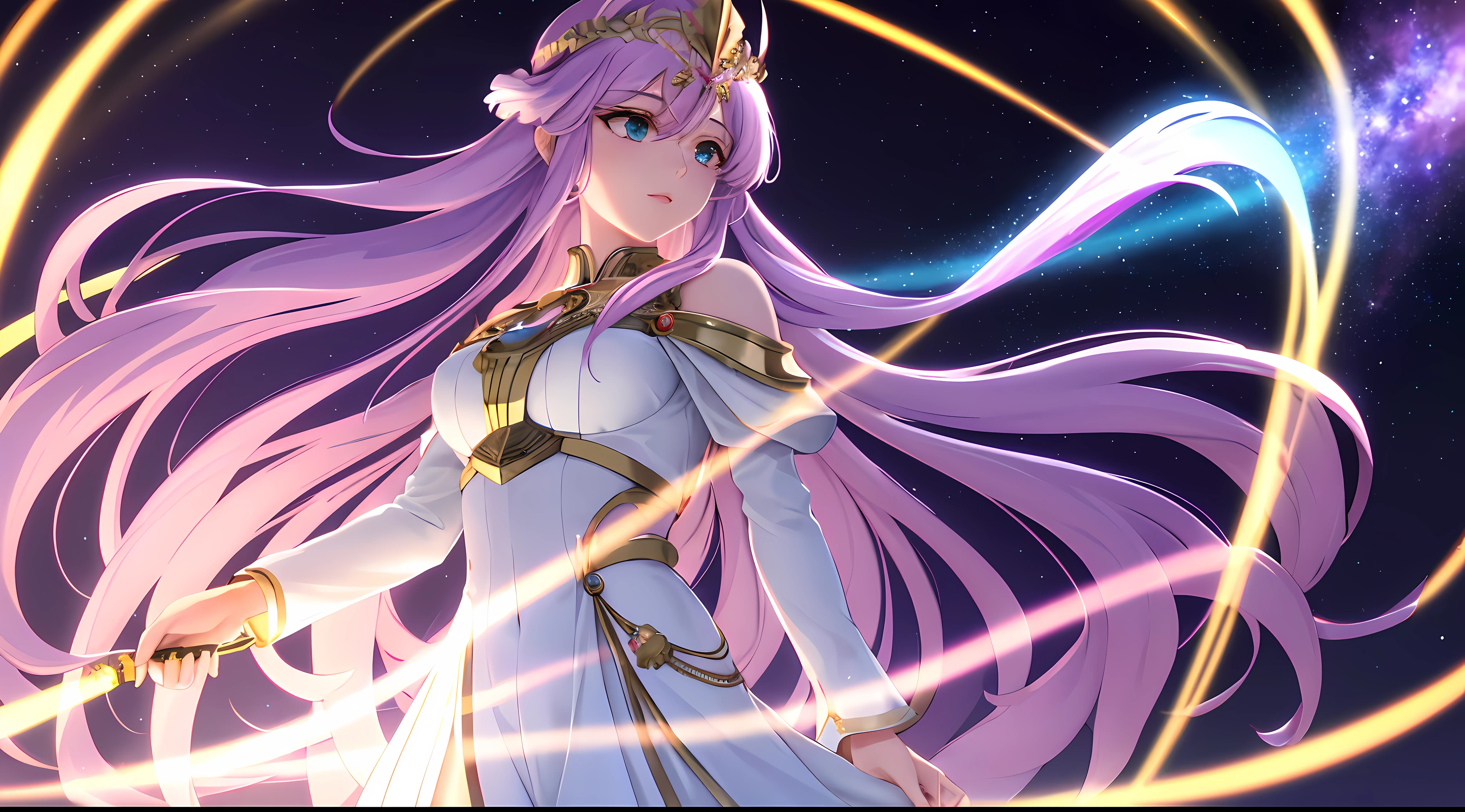 Athena with plain long light purple hair,hair between eyes,green eyes,rosy cheeks,full lips,thin eyebrows,slender body,wearing ethereal white robe adorned with golden crown and full long skirt,cute anime girl,full body,night sky nebulae in background,anime style,Lumen Reflections,Screen Space Reflections,Diffraction Grading,Chromatic Aberration,GB Displacement,Scan Lines,Ray Traced,Anti-Aliasing,FXAA,TXAA,RTX,SSAO,Shaders,OpenGL-Shaders, GLSL-Shaders,Post Processing,Post-Production,cell Shading,Tone Mapping,CGI,VFX,SFX,insanely detailed and intricate, 4K,standing, solo, masterpiece, best quality, detailed face, detailed eyes, highres, standing, solo,masterpiece, best quality