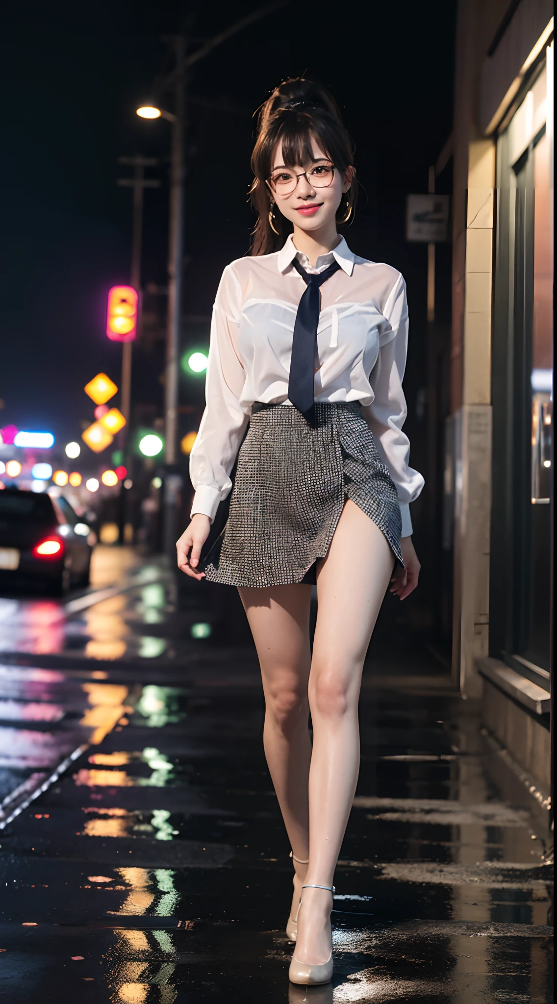((masterpiece)), ((best quality)), (ultra-detailed), ((kawaii)), cute, (lovely), ((sexy)), (ero), ((extremely detailed)), 4K, (8K), best quality, (beautiful), anime style, walking, full body focus, city, town, night, a cute girl, 1girl, solo, suit, beautiful light brown hair, beautiful purple eyes, ((beautiful eyes)), white-skinned, ponytail, transparent hair, translucent hair, large breast, glasses, necktie, tie, earrings, necklace, light smile, neon light, wind effect, rainy, rain, reflection effect