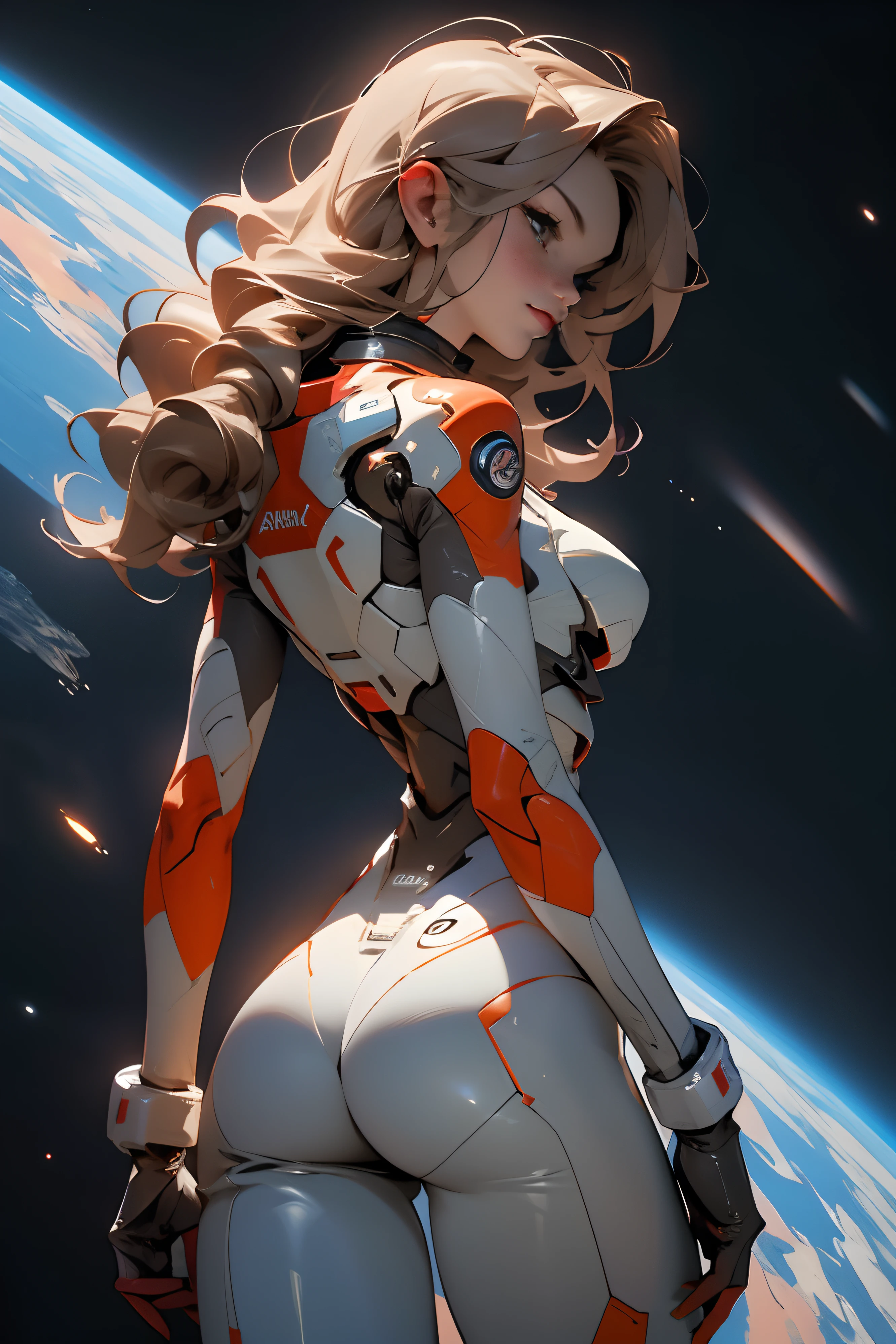 rear view, backside view, sandy hair, fit body, large breasts, slender thighs, slender waist, pilot suit, solo,turned back to look at viewer, in space long hair, blushing, slight smile, 8k, extreme detail, sharp detail on face, beautiful face,