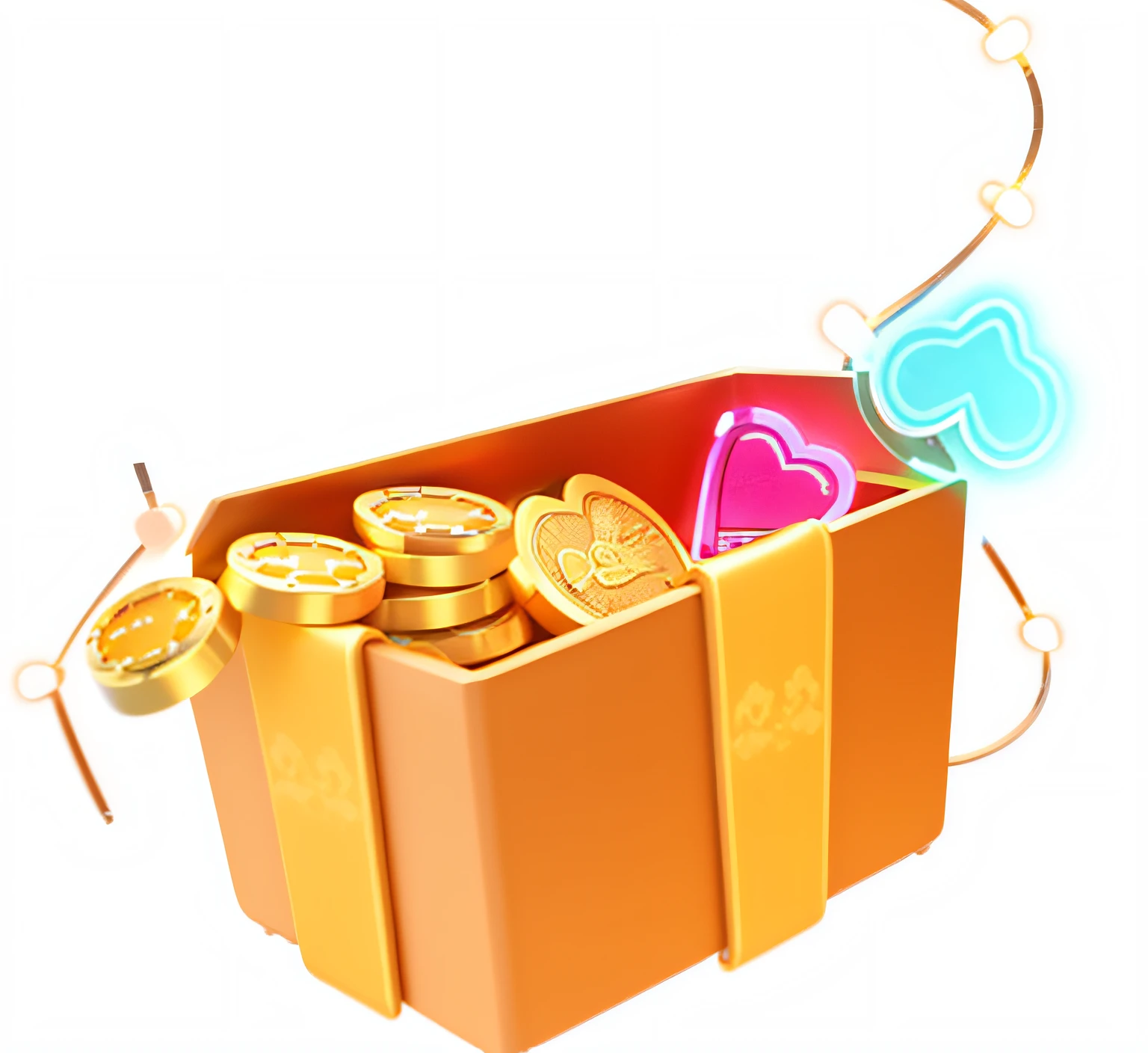 A box of coins,There is a string of lights and a heart on it, loot box, online casino logo, Game icon, Treasure Trove, treasure, casino, festivity, gambling, gold, poggers, Treasure chests, item art, ability image, booty, gaming console, Stylized, Avatar image, Contest, treasures, gifts, advertisement picture, 3 d icon for mobile game