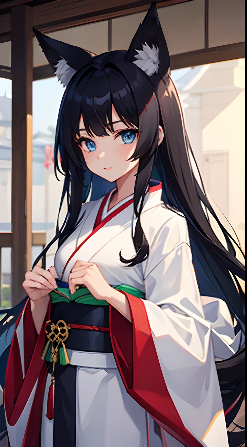 1 girl, 18 years old, fox girl with black hair, blue eyes, white kimono