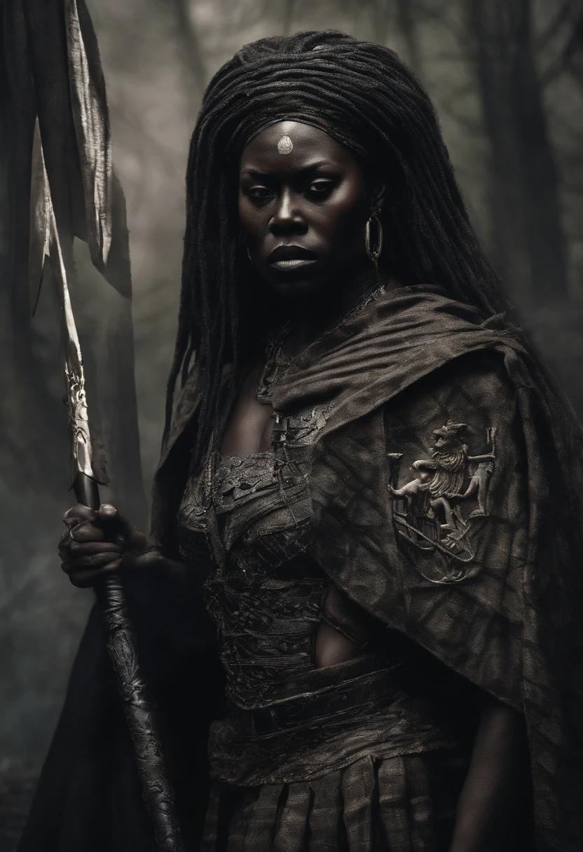 a deep black colored sinister native girl of Aztec descent from the early 18th century in the Caribbean region based on Letitia Wright from Wakanda Forever, she wears dark a dark hooded cape that complements her deep black skin, Dungeons and Dragongs 5th edition illustration, in the style of BORIS VALLEJO & JULIE BELL