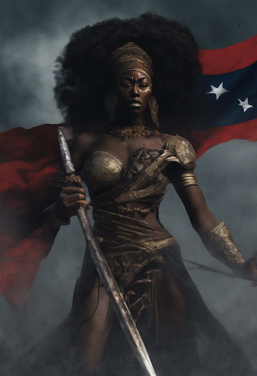 generate a disney animation movie picture of a warrior woman called ghana fighting for her country with the ghana flag as her cloth design. And name the movie as "The Warrior Kingdom".