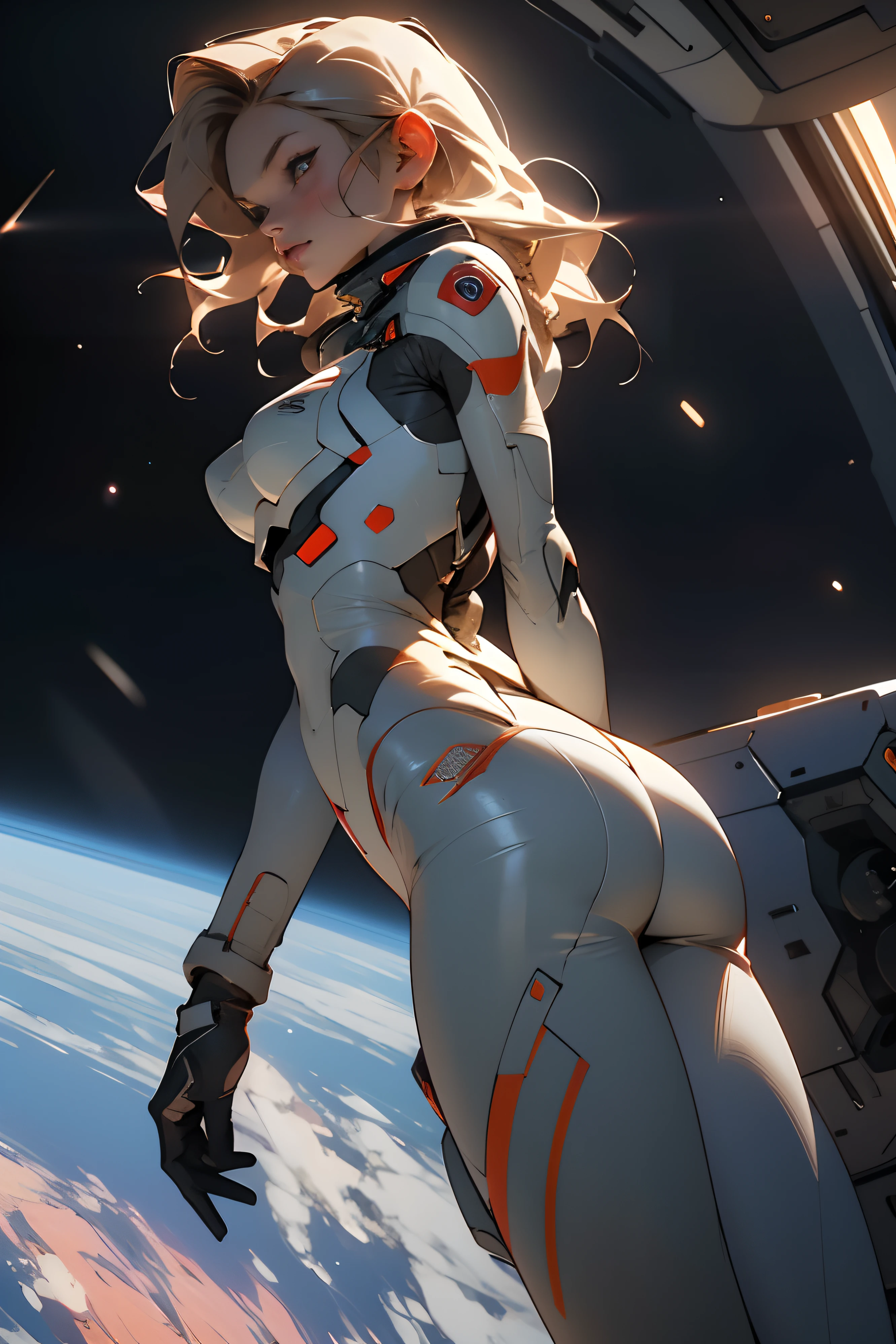 rear view, backside view, sandy hair, fit body, large breasts, slender thighs, slender waist, pilot suit, solo,turned back to look at viewer, in space long hair, blushing, slight smile, 8k, extreme detail, sharp detail on face, beautiful face,