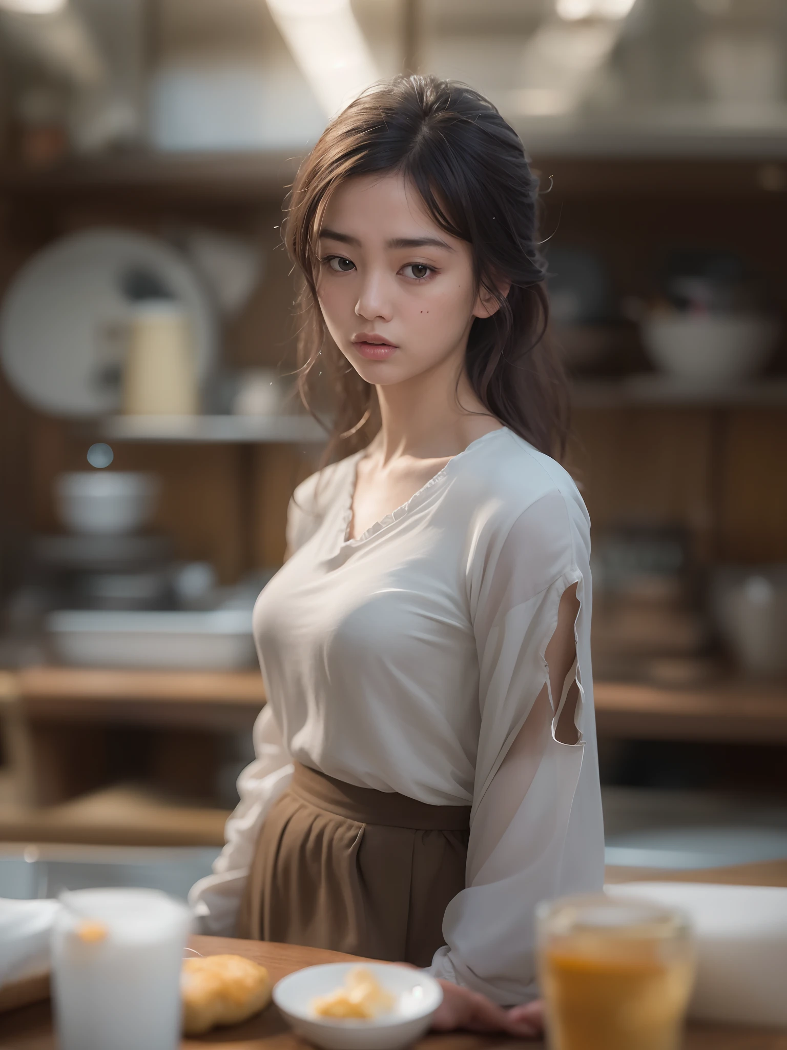 solo,  stand in the kitchen,  a malay girl, milk falls on the chest area of the shirt, sad face, head tilt, eye close, wet shirt with milk, (delicate illustration:1.4), (renaissance art:1.4),  (masterpiece:1.0), (best quality:1.4), (ultra highres:1.2), (photorealistic:1.4), (8k, RAW photo:1.2), (soft focus:1.4), (20yo:1.3), (sharp focus:1.4), detailed beautiful face, cinematic lighting, movie shot angle and framing,