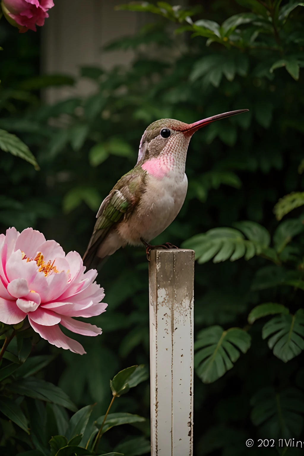 Hummingbird perched on the peony