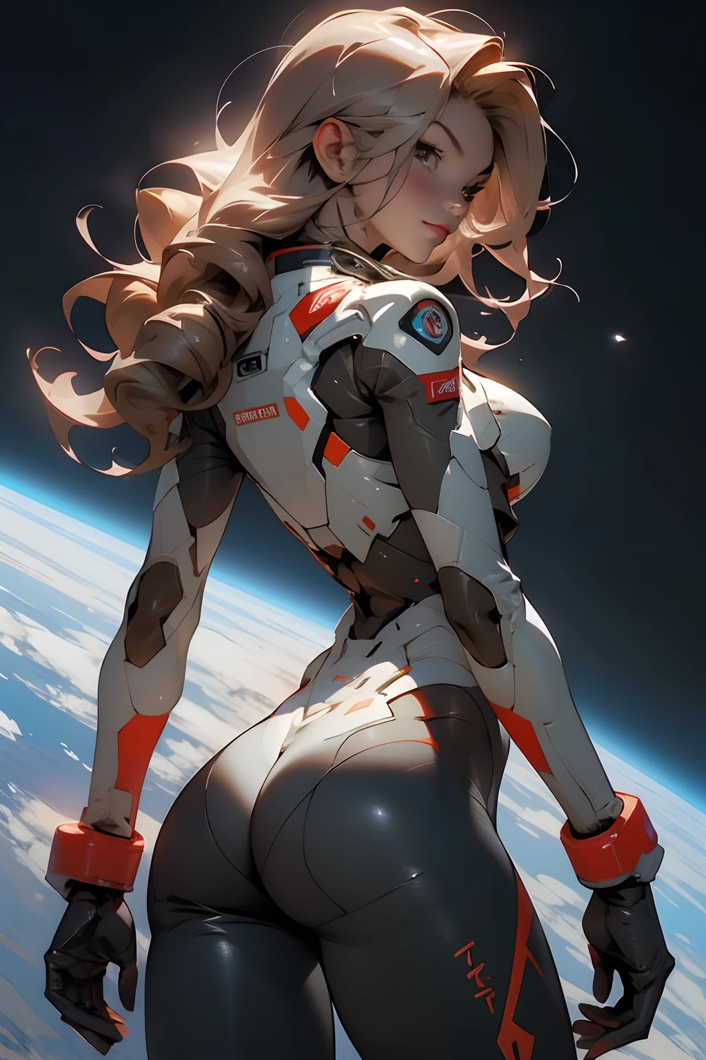 rear view, backside view, sandy hair, fit body, large breasts, slender thighs, slender waist, pilot suit, solo, looking away from the viewer, in space long hair, blushing, slight smile, 8k, extreme detail, sharp detail on face, beautiful face,