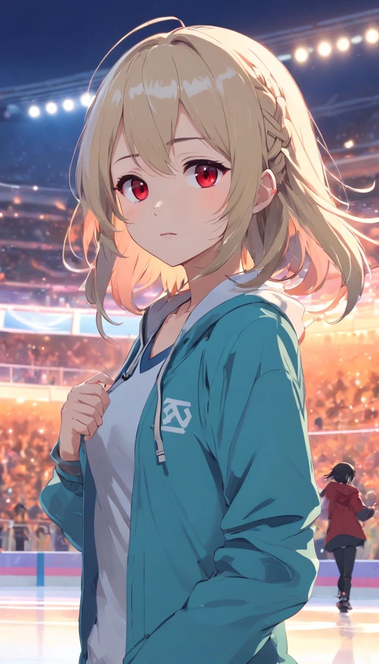 (masutepiece:1.5),(top-quality),ighly detailed,Ultra-detailed,1girl in,a beauty girl,stare,Red Eyes,(Beautiful detailed eyes:1.2),(Long hair:0.8),(White hair:Silver_hair:0.5),(wing-like bangs:Ahoge),Dull hair,(Medium chest: C Cup:0.7),hair rings,braid,Cold,Anime figure skating skating on ice in a large indoor arena, ross tran style, Trending on ArtStation pixiv, Guweiz in Pixiv ArtStation, guweiz on artstation pixiv, Authors:by Ross Tran, digital art on pixiv, in the style of ross tran, ross tran 8 k, Smooth Anime CG Art, by Ross Tran. scenery background